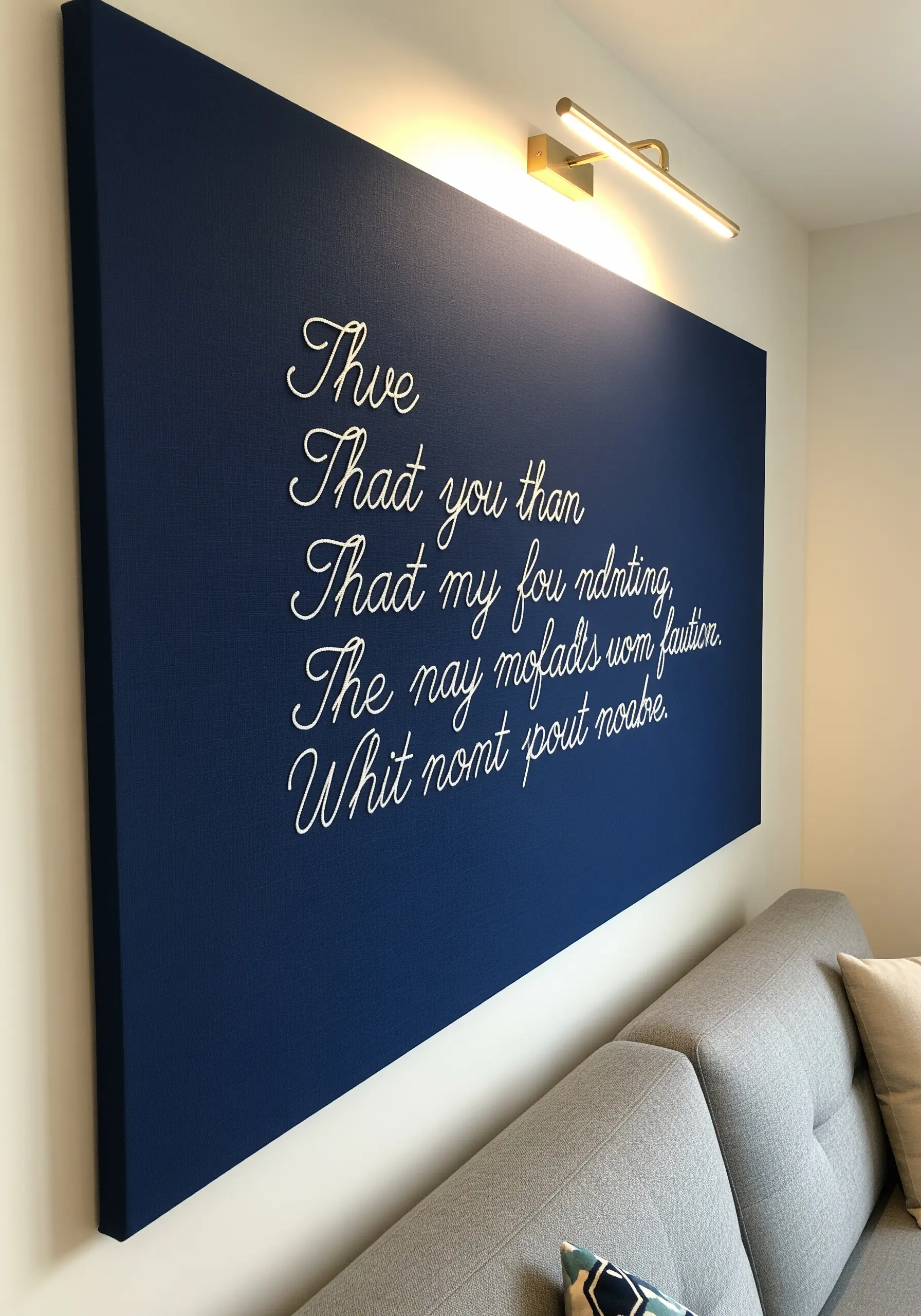 Large-scale wall art with white embroidered script on a navy canvas.
