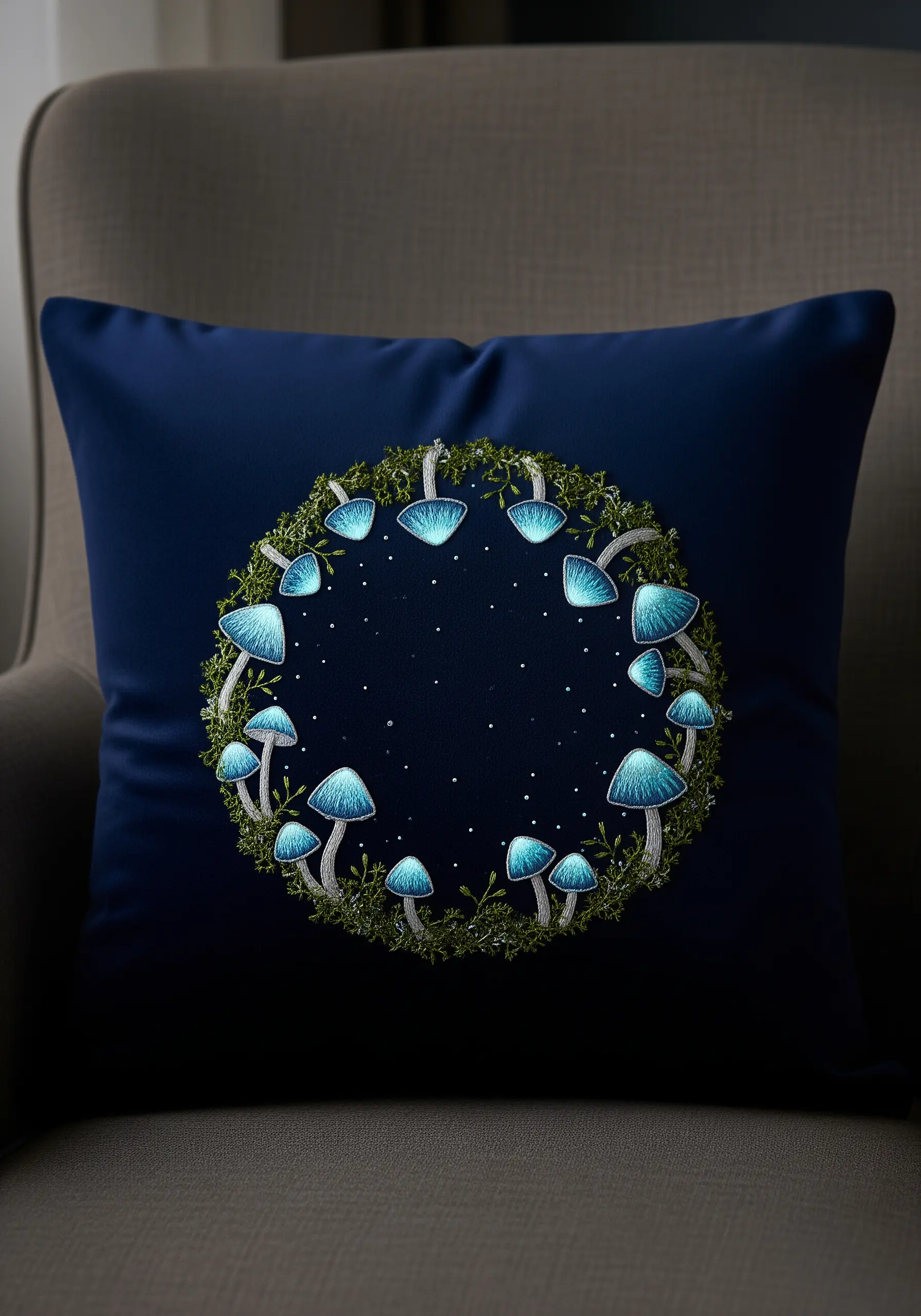 A wreath of glowing blue mushrooms embroidered on a dark blue satin pillow.