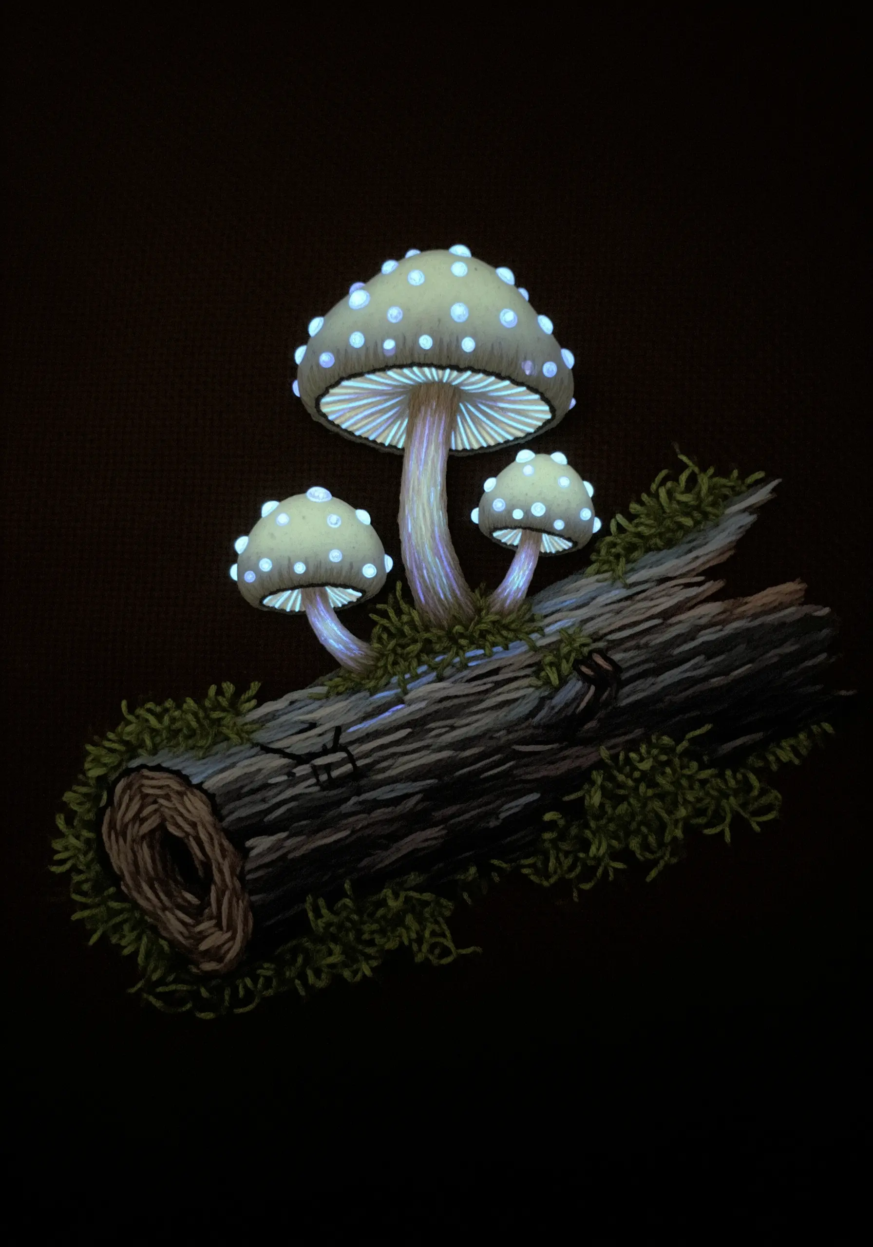 Embroidery of glowing mushrooms on a log, with a bioluminescent effect against a dark background.
