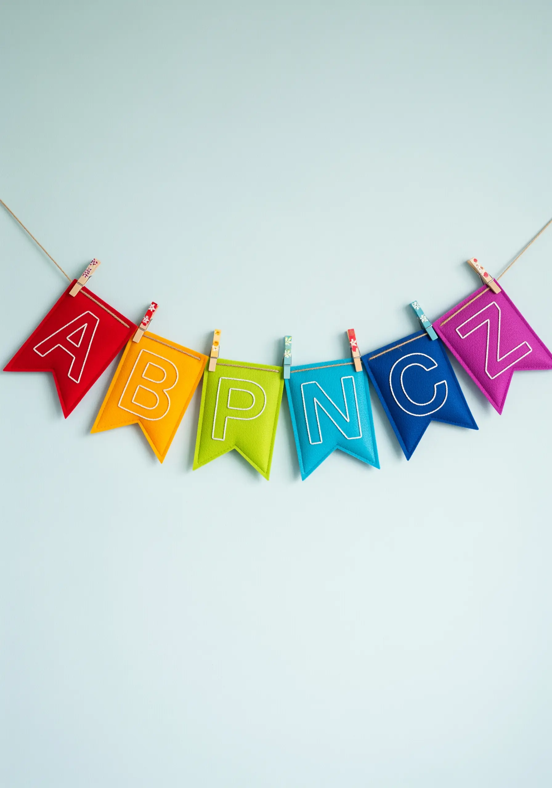 A colorful felt banner with stitched letters of the alphabet hanging on a string.