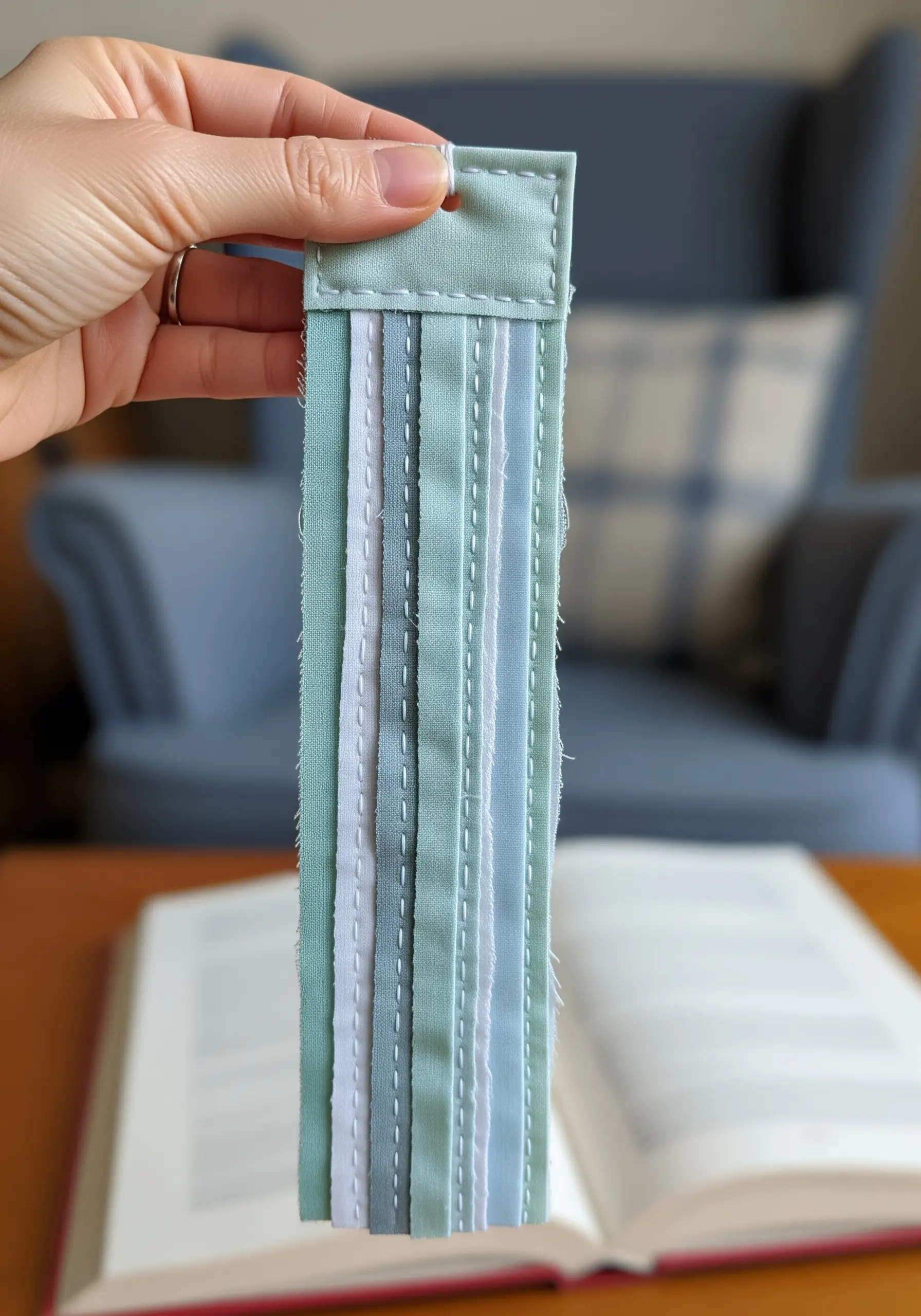 A handmade bookmark created from vertical strips of blue and white fabric scraps.