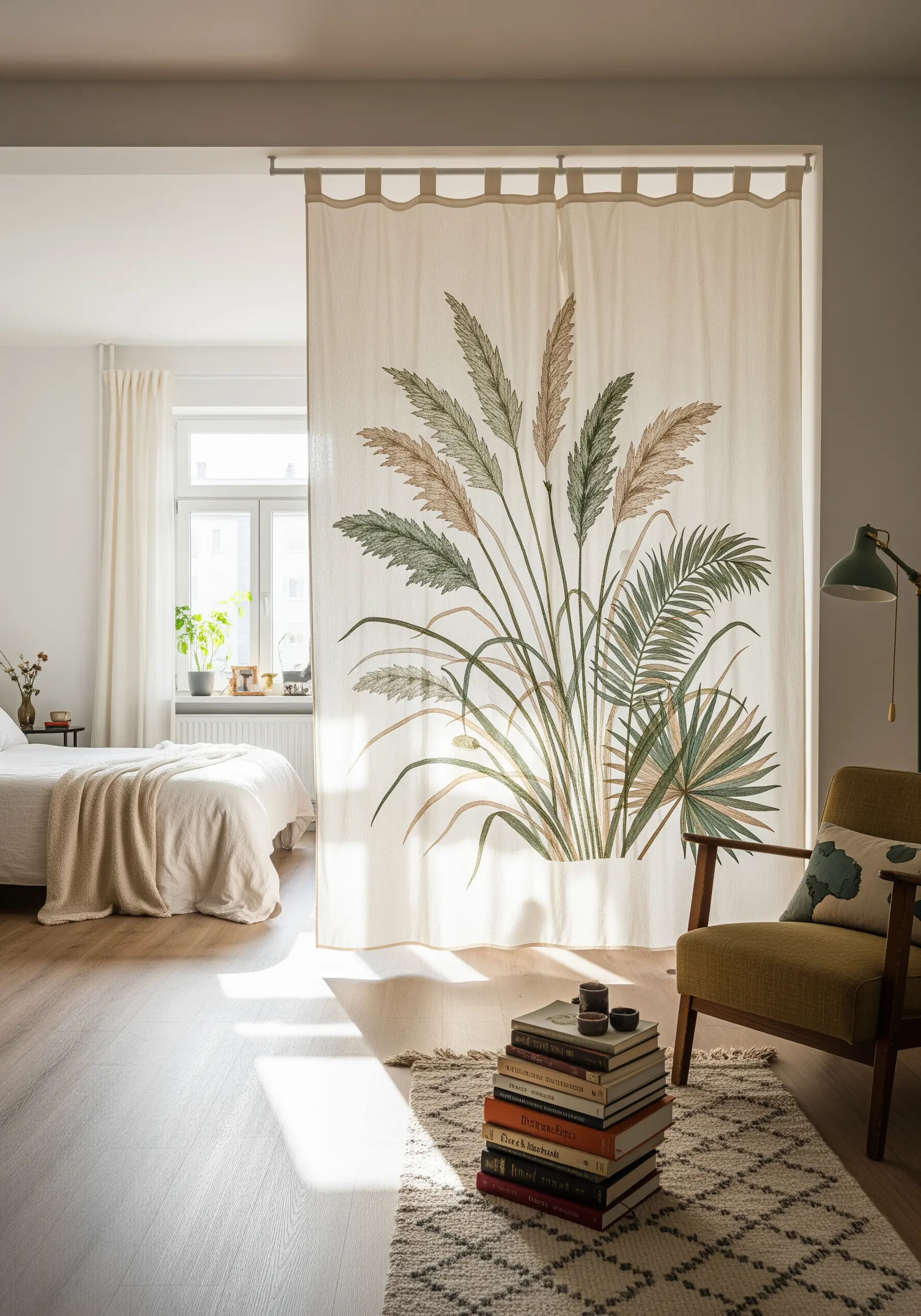 A large, semi-sheer fabric curtain embroidered with pampas grass acting as a room divider.