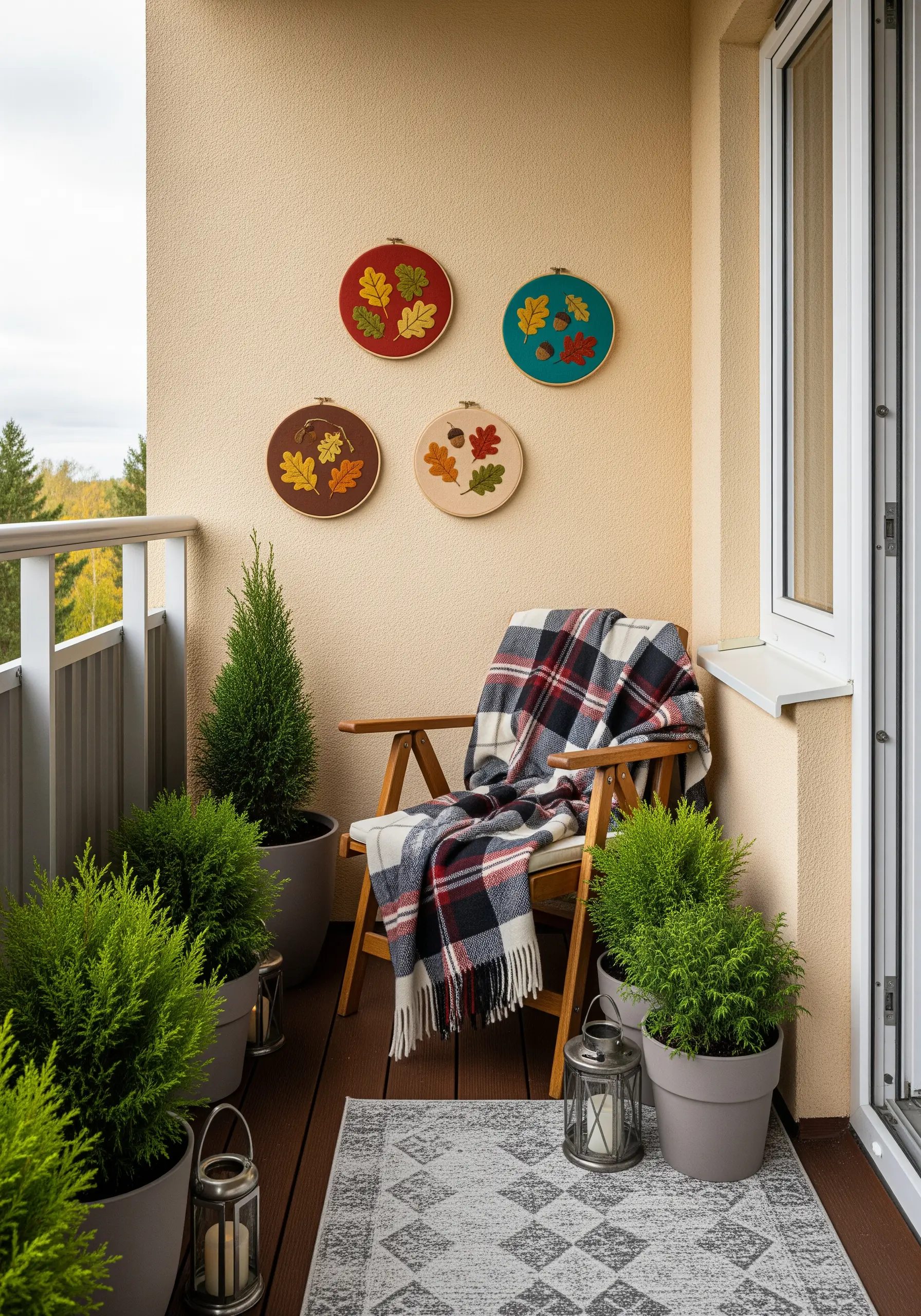 Four embroidery hoops with colorful, stylized autumn leaf motifs.