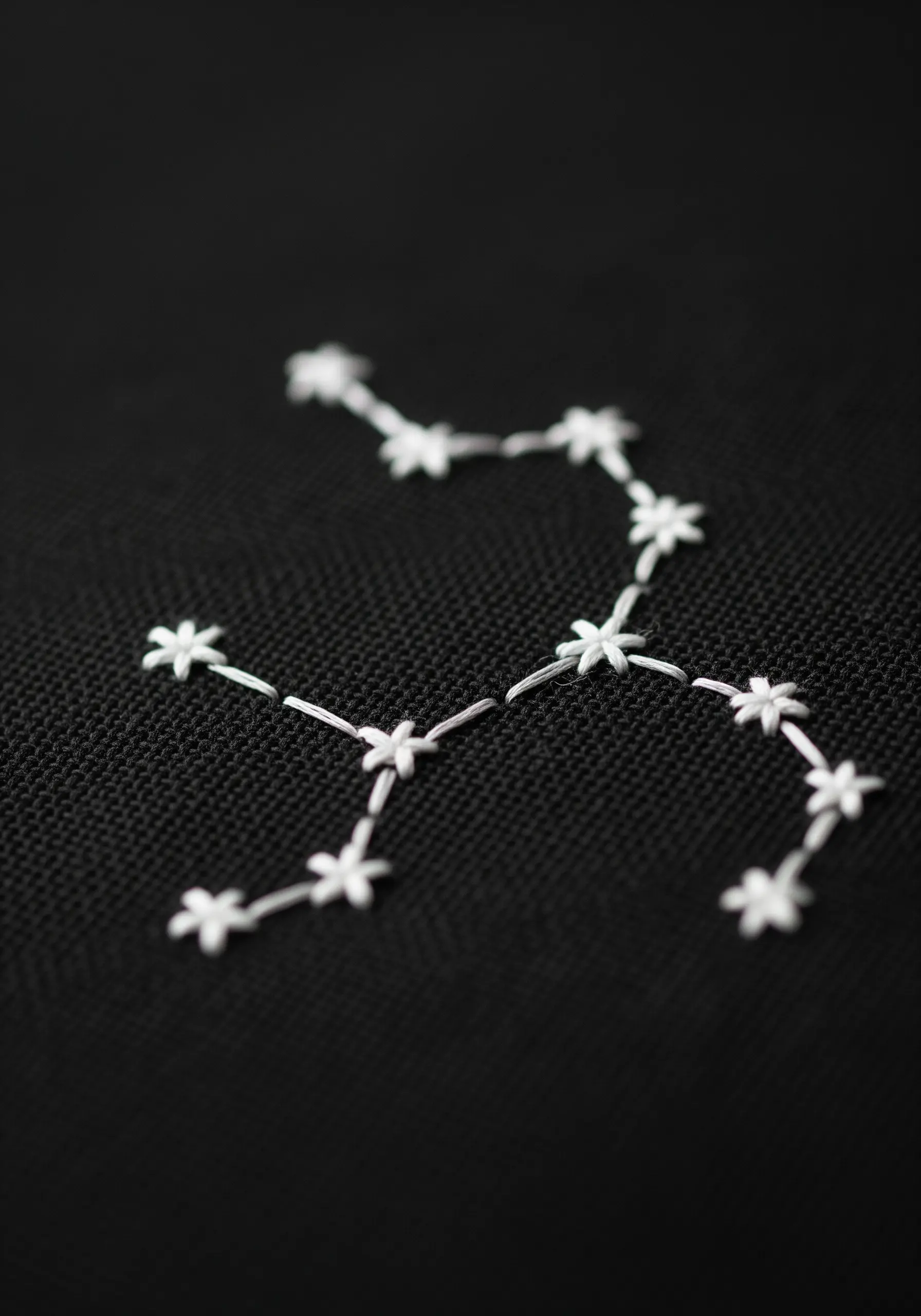 A star constellation stitched in white thread on black fabric.