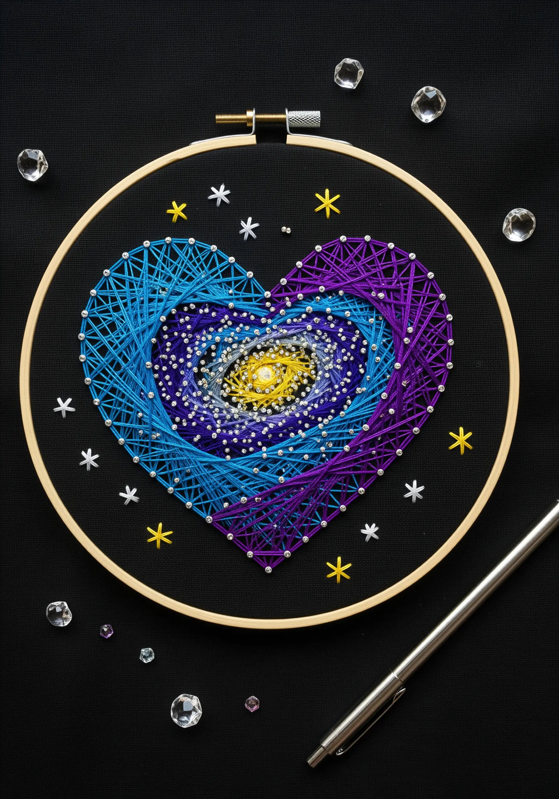 A galaxy-themed string art heart with blue, purple, and yellow threads on black fabric.