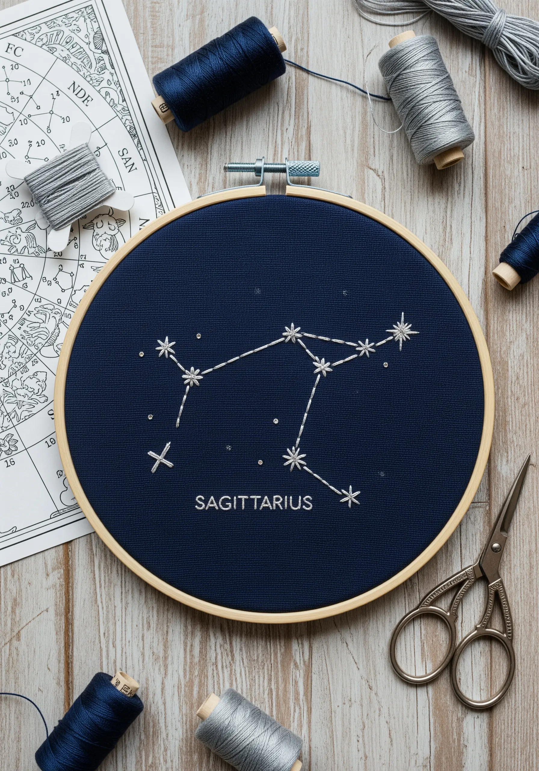 An embroidered Sagittarius constellation with silver thread on dark navy fabric in a wooden hoop.
