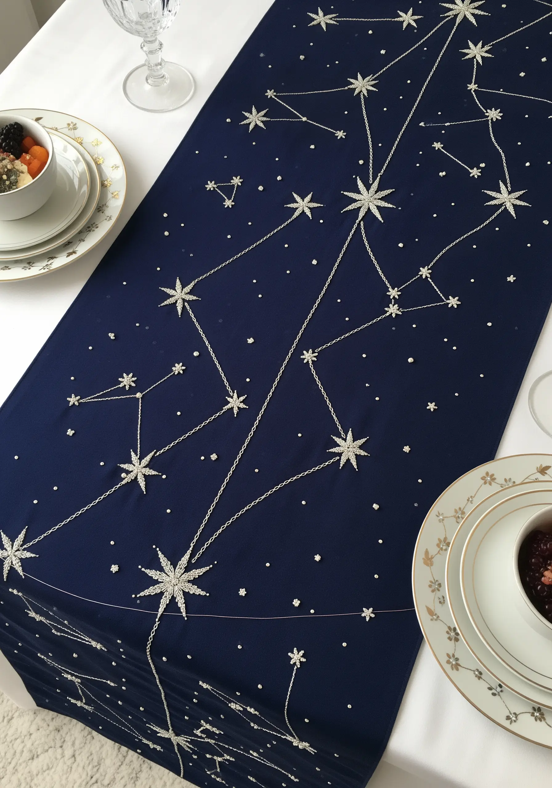 A navy blue table runner embroidered with silver metallic thread showing constellations and stars.