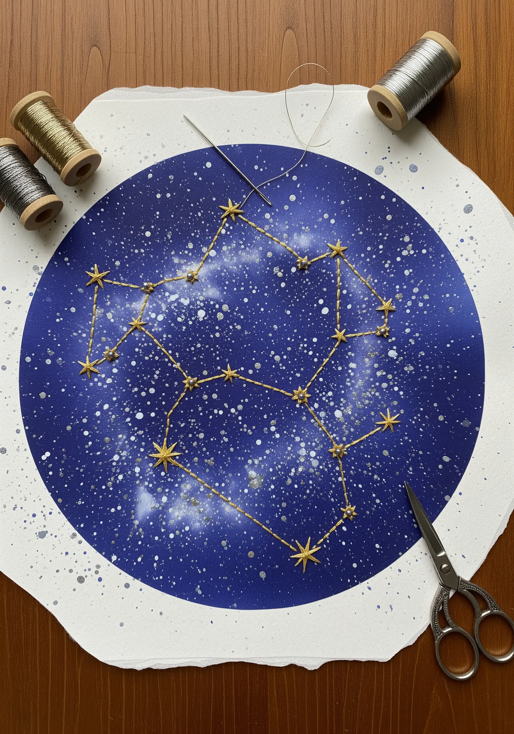 A constellation stitched with gold metallic thread on a blue and white painted paper circle.