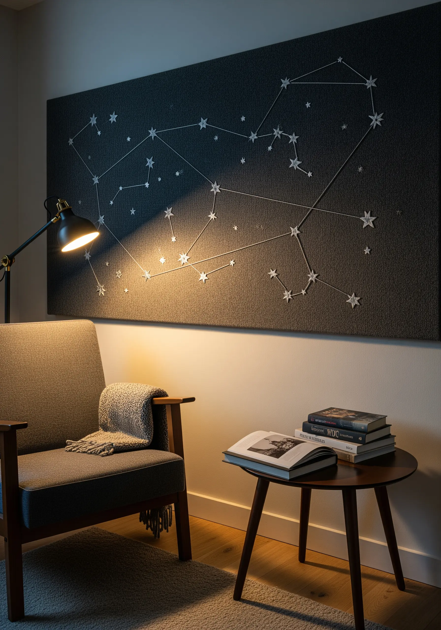 A large, dark fabric panel embroidered with a constellation map using white thread and star beads