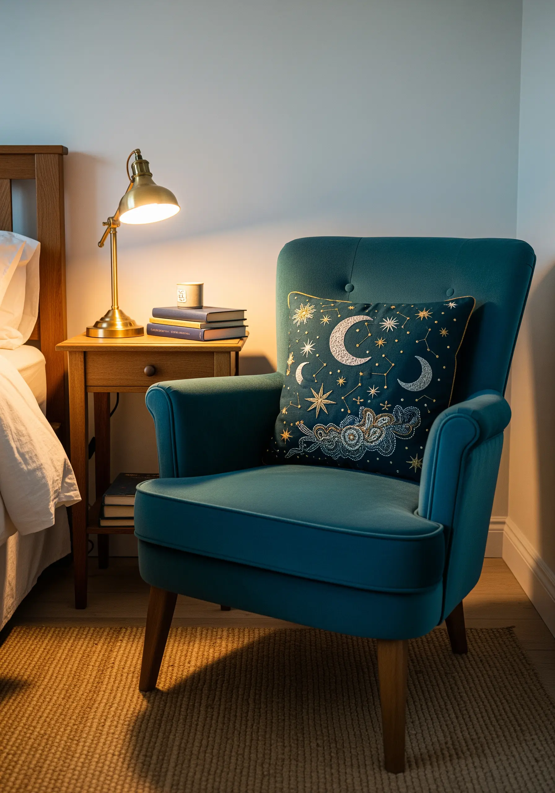 A celestial moon and stars embroidered in metallic thread on a dark teal cushion.