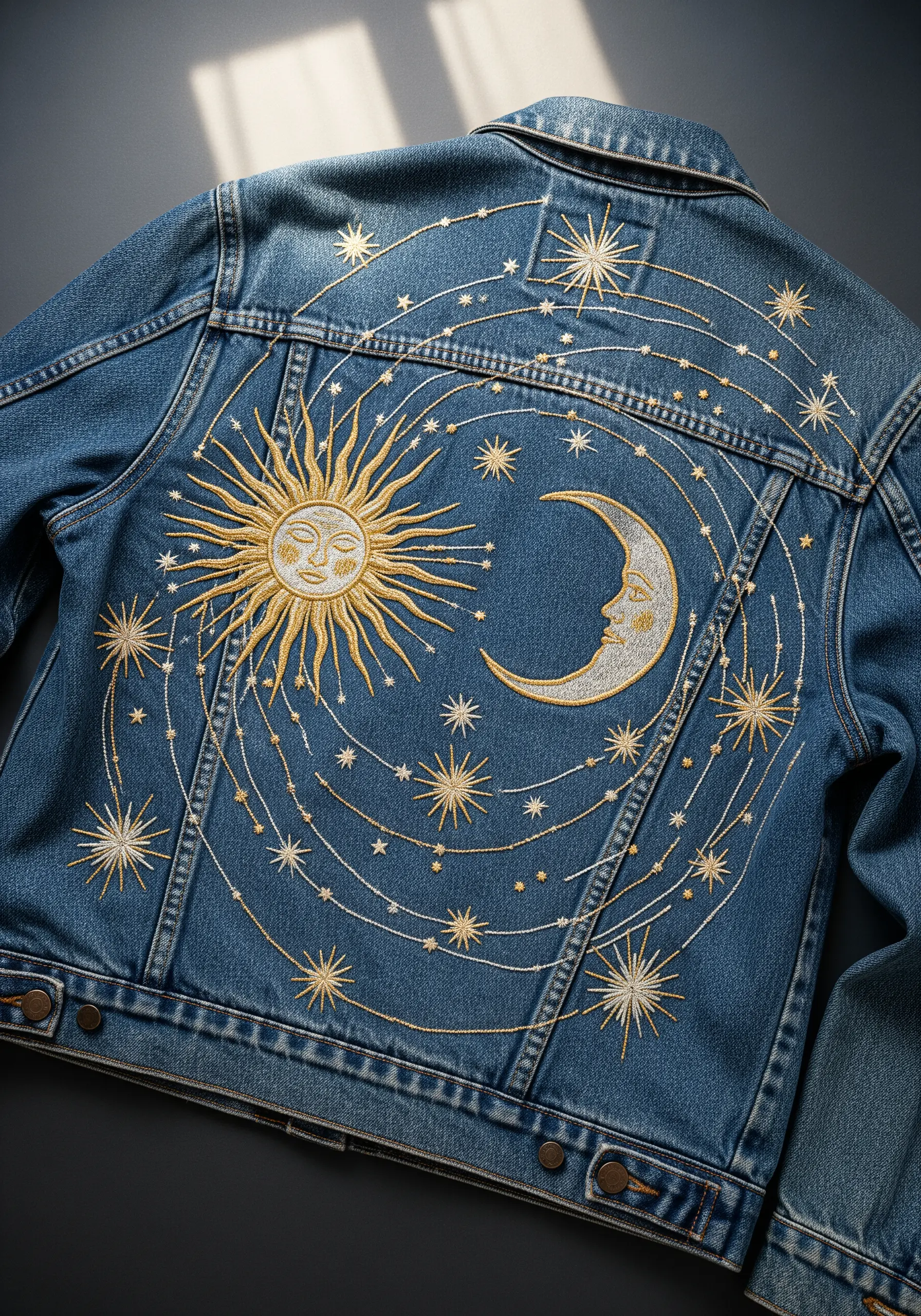 Back of a denim jacket embroidered with a large gold sun, silver moon, and radiating stars.