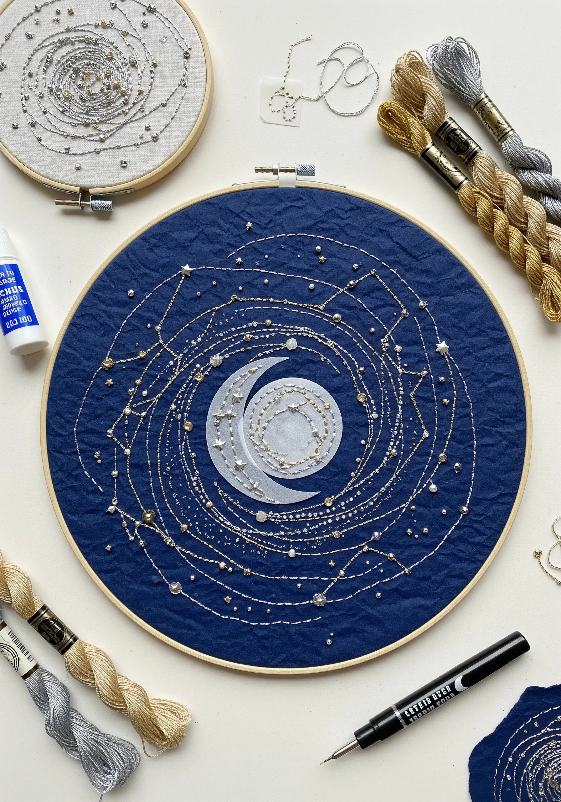 Celestial embroidery with metallic threads and beads stitched onto dark, crinkled paper in a hoop.