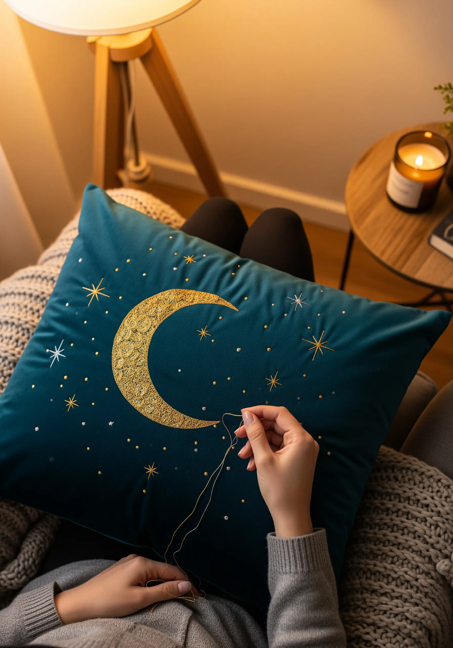Gold metallic thread embroidery of a moon and stars on a dark teal velvet cushion