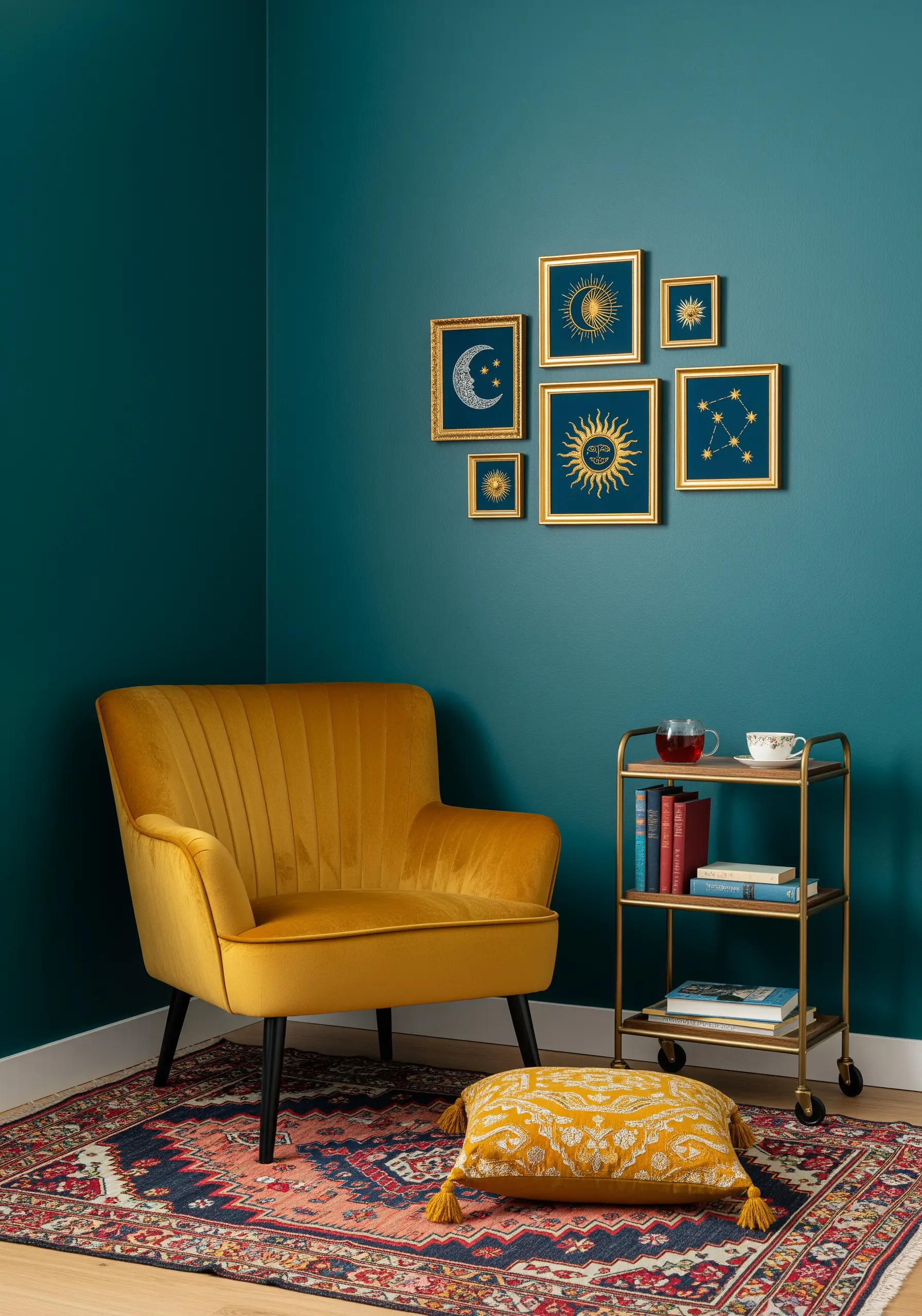 A gallery wall of gold-framed celestial embroidery on a dark teal wall.