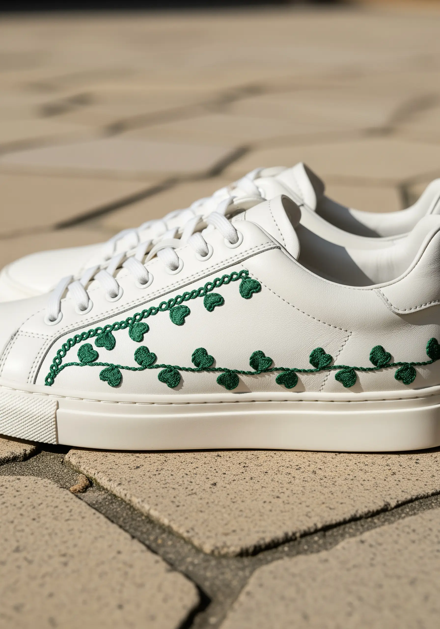 A simple vine of green clovers embroidered along the side of a white leather sneaker.
