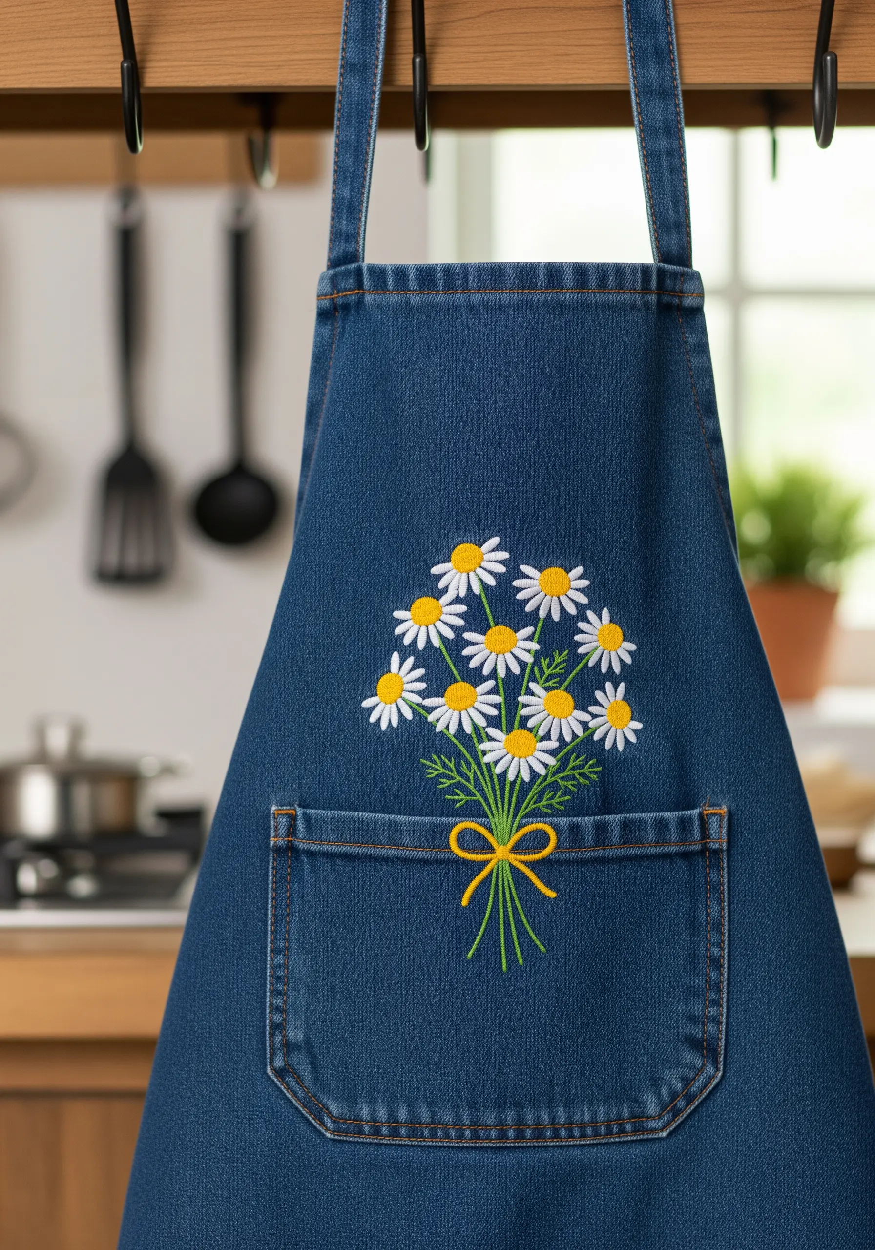 A bright bouquet of embroidered chamomile flowers on the pocket of a dark denim apron.