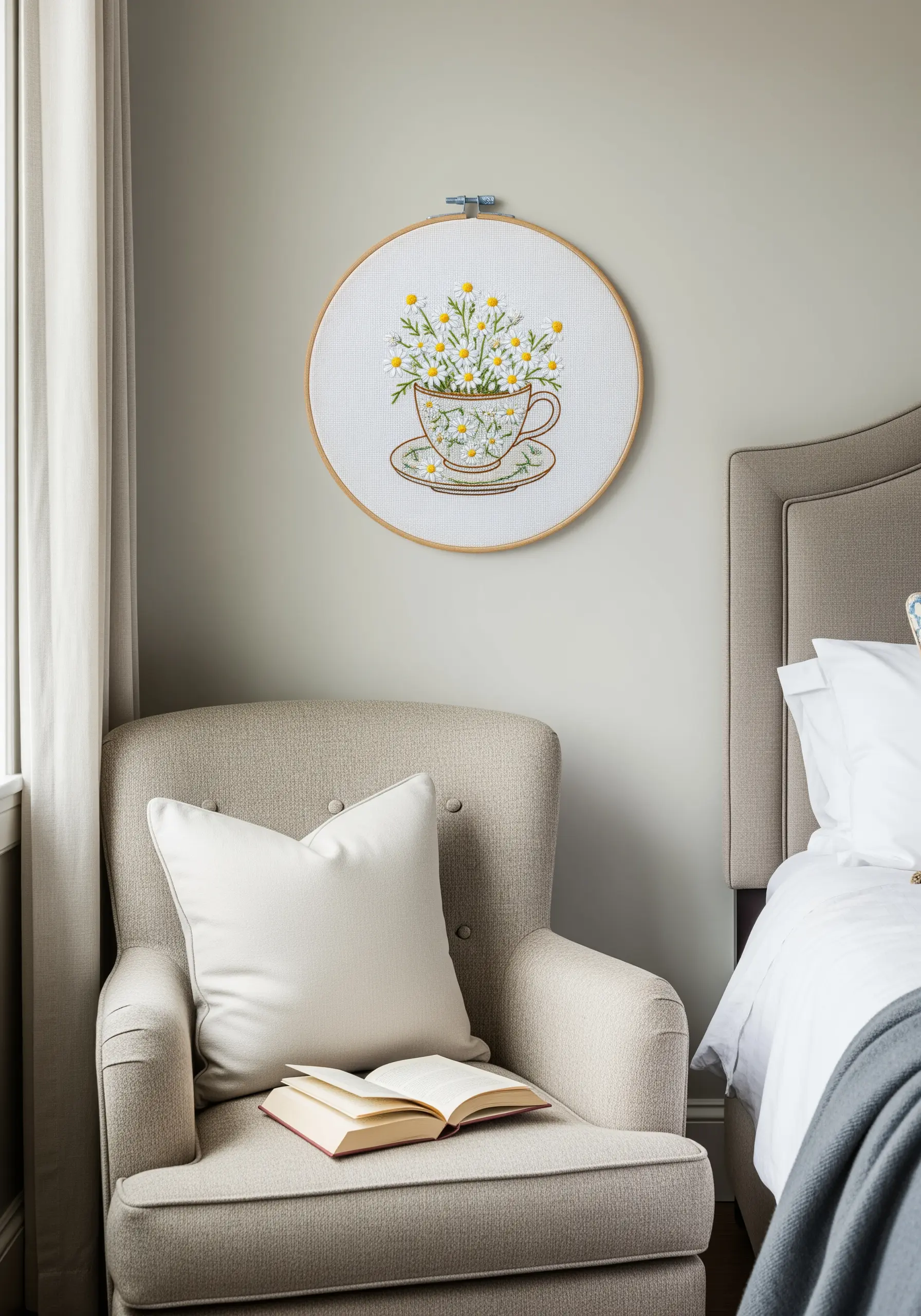 An embroidery hoop with a bouquet of daisies arranged in a teacup.