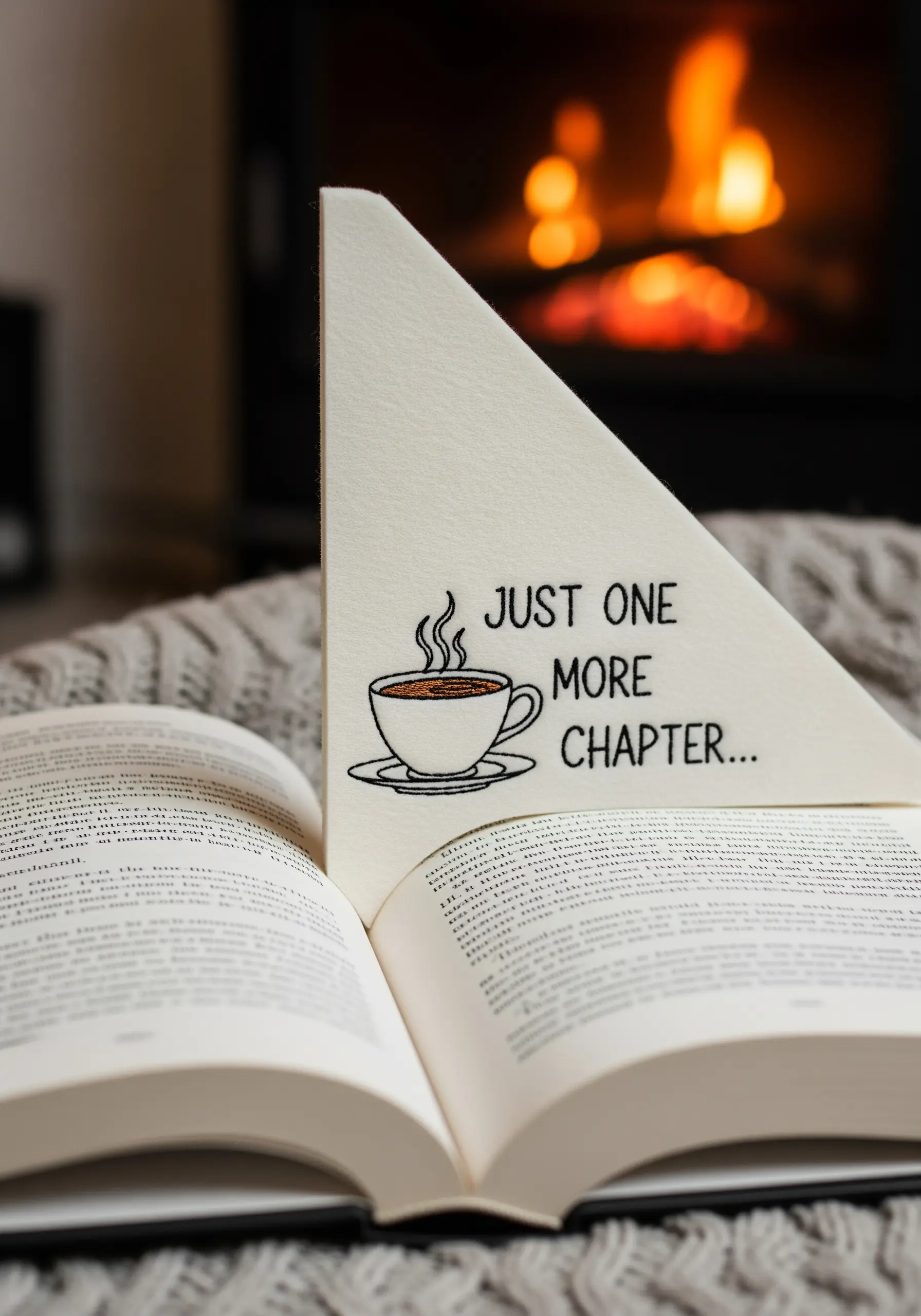 A triangular corner bookmark with an embroidered coffee cup and the quote 'Just one more chapter...'