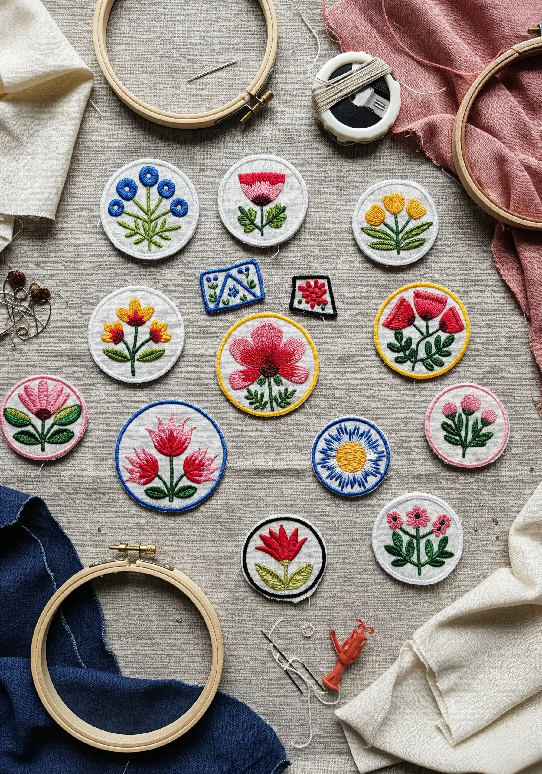 A collection of small, round, hand-embroidered floral patches on felt.