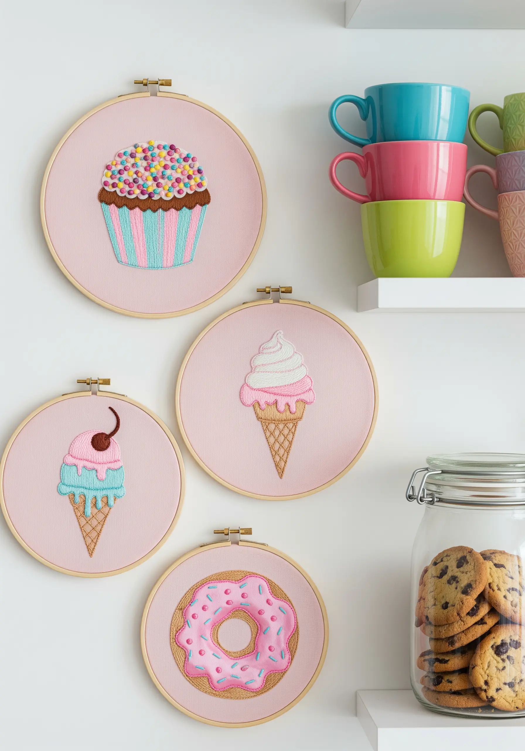 A set of four embroidery hoops on pink fabric, each featuring a stitched dessert like a cupcake or donut.