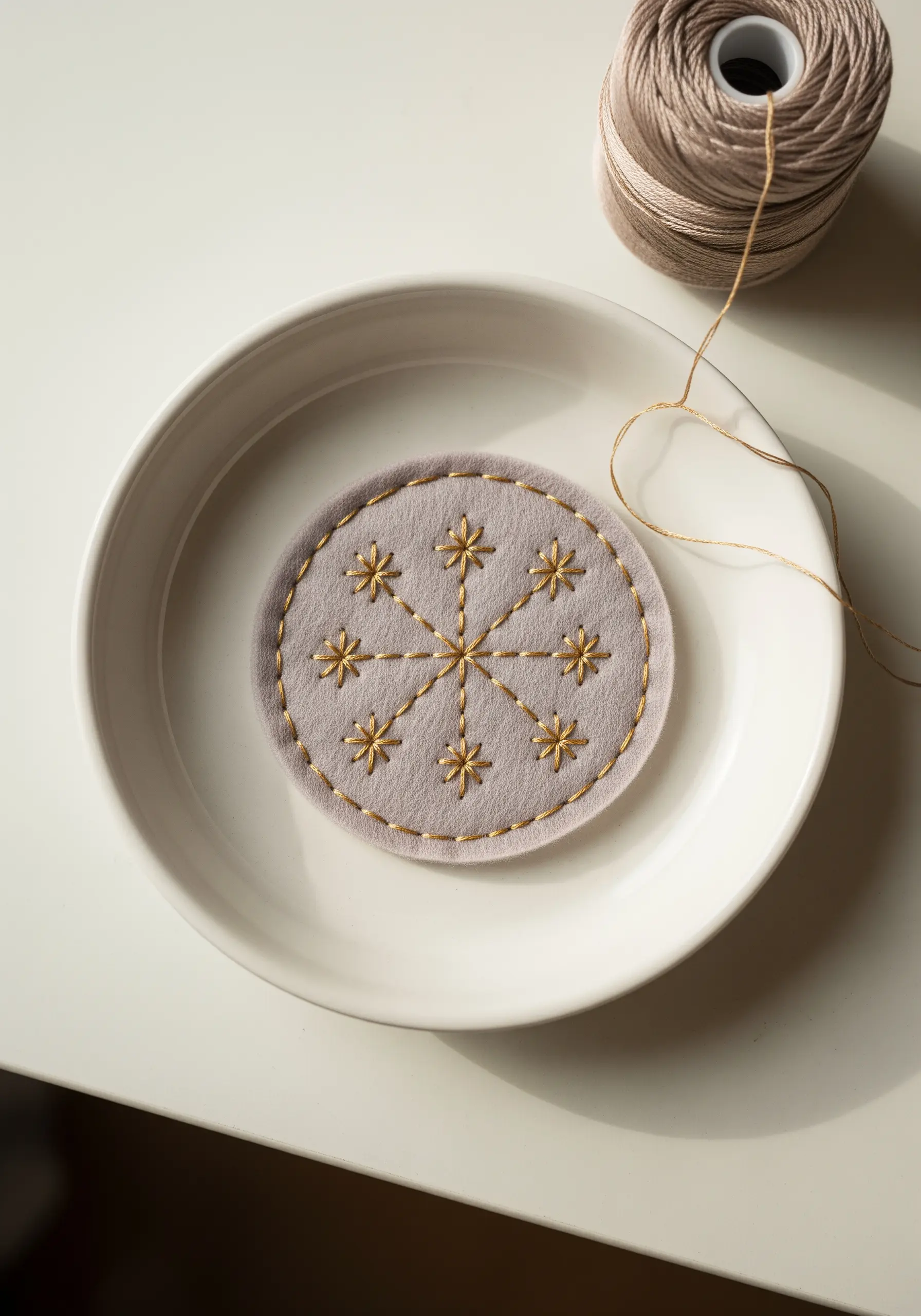 A gray felt coaster with a starburst pattern stitched in elegant gold metallic thread.
