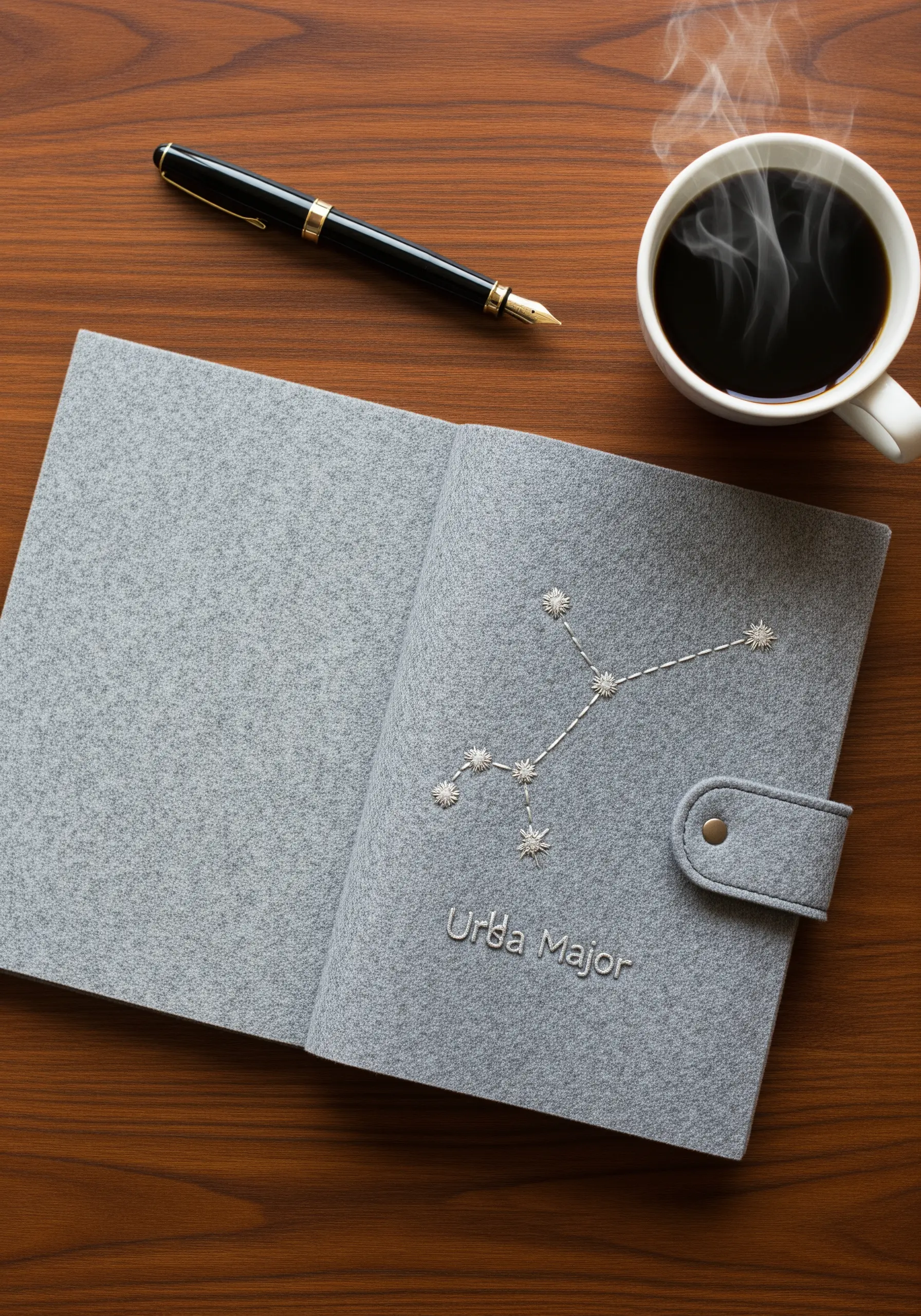 A grey felt journal cover embroidered with the Ursa Major constellation in silver thread.