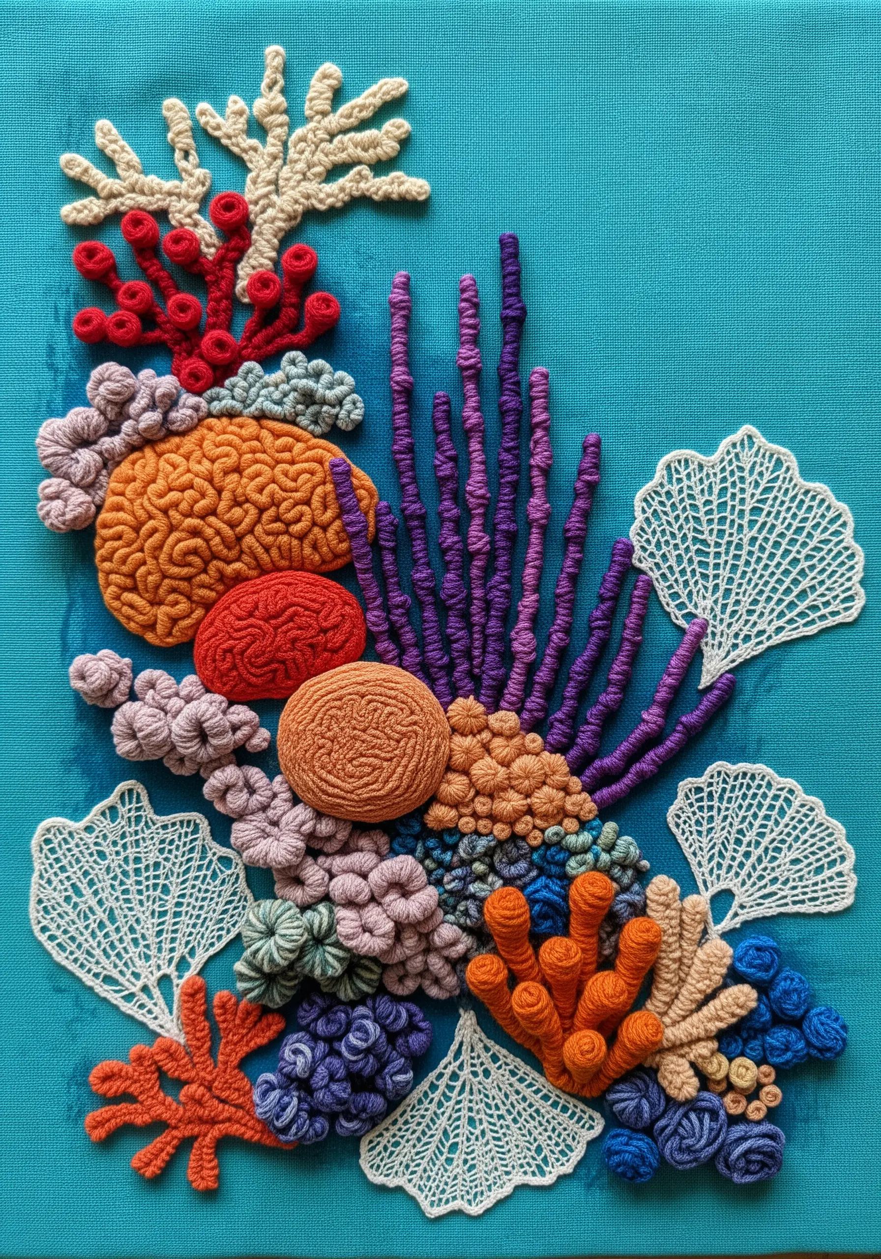 Textured coral reef embroidery with stumpwork, lace, and colorful knots.