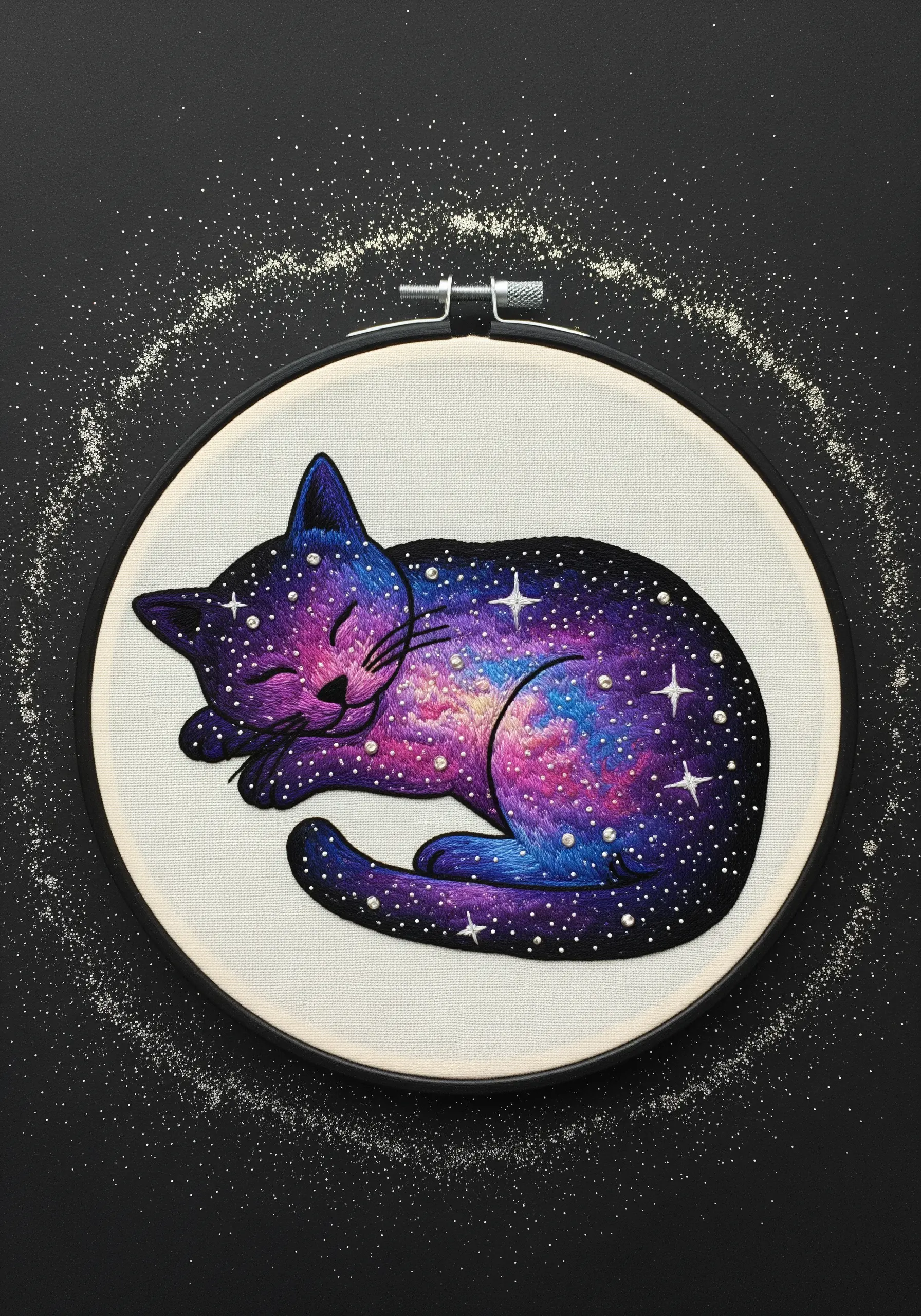 Embroidery of a sleeping cat with its fur painted as a purple and blue galaxy.