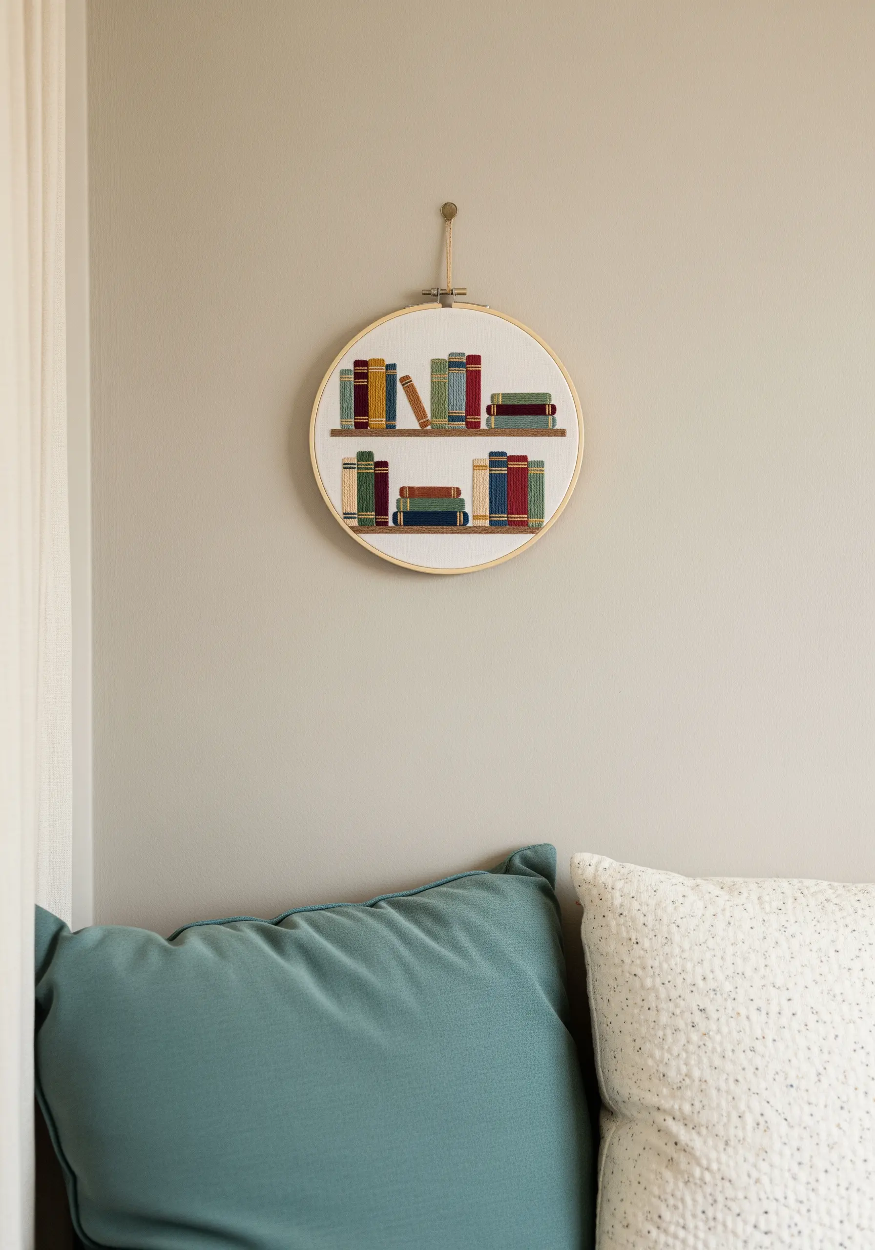 An embroidery hoop featuring a small, colorful bookshelf hanging in a reading nook