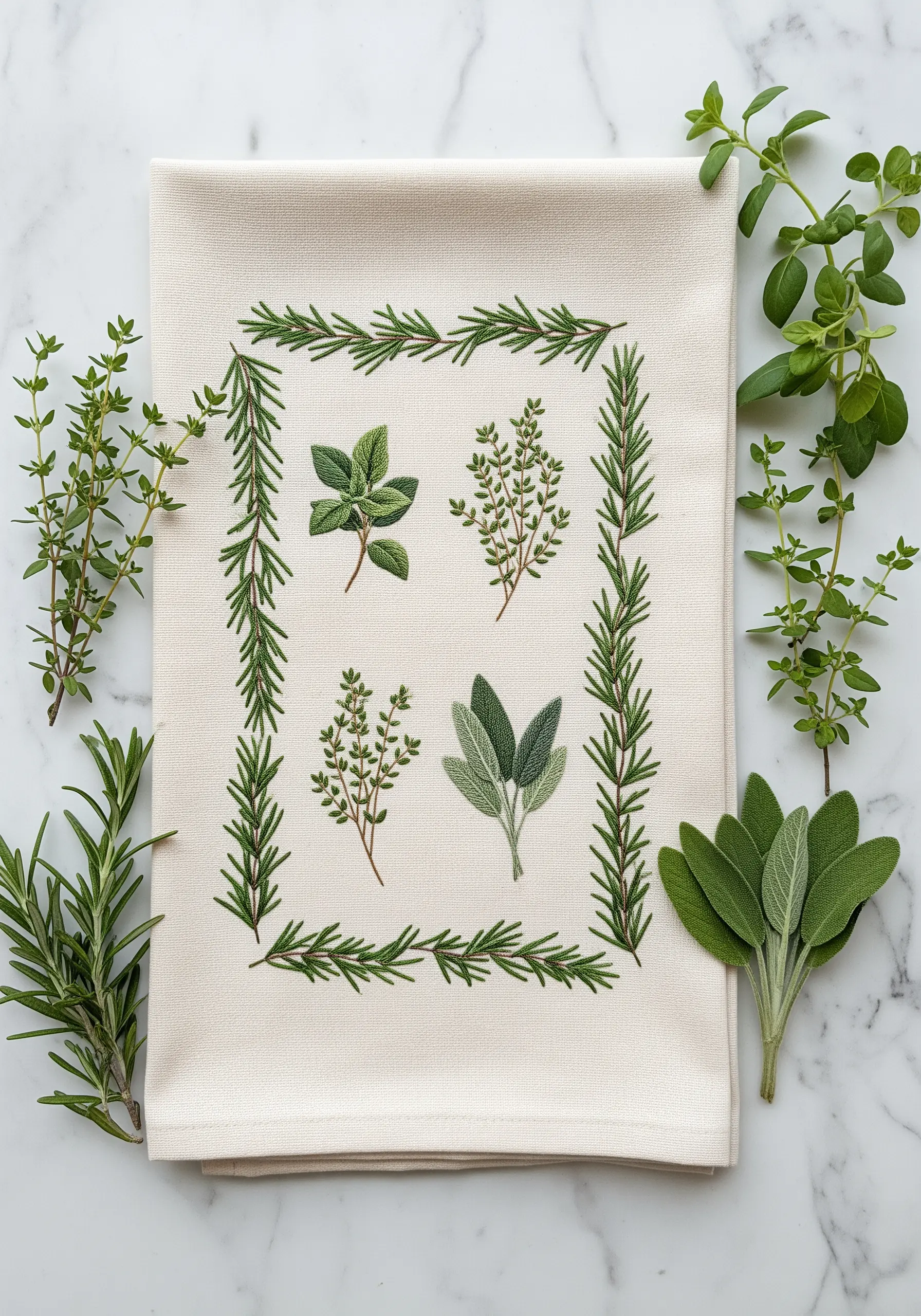 A tea towel embroidered with a rosemary border and various culinary herbs like sage and thyme