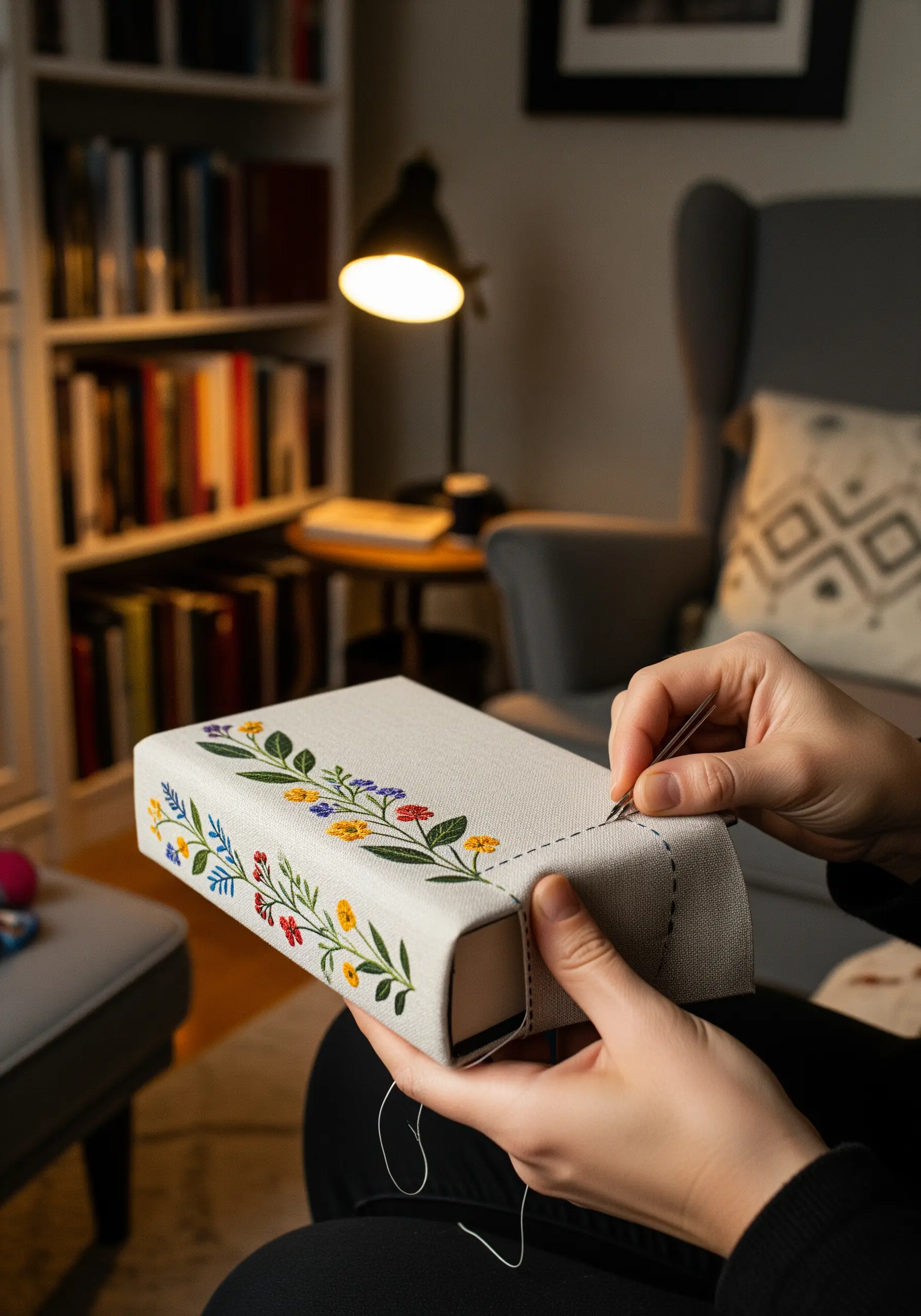 A person hand-stitching a floral border onto a custom-made linen book cover