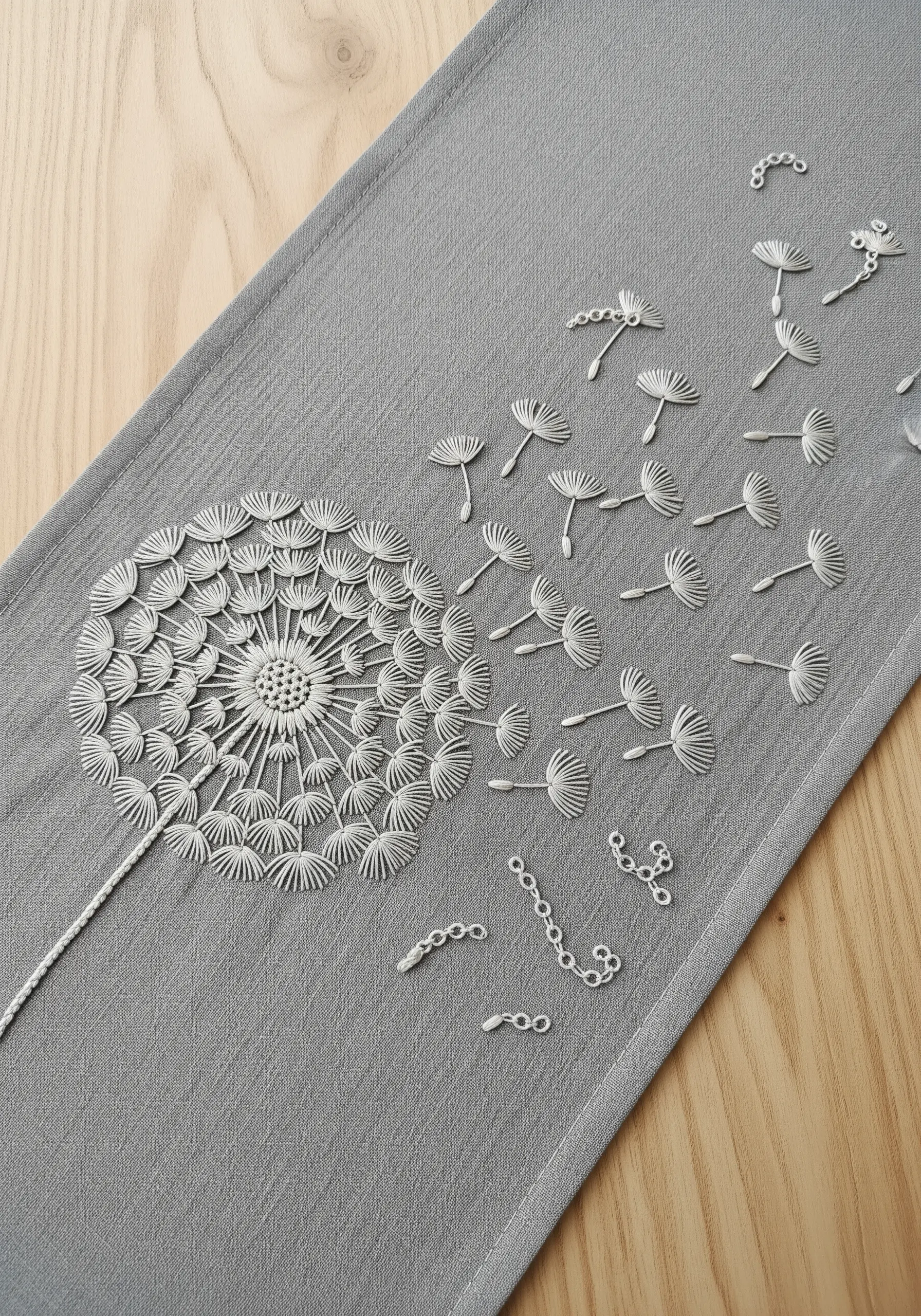 A white embroidered dandelion with seeds blowing across a grey table runner.
