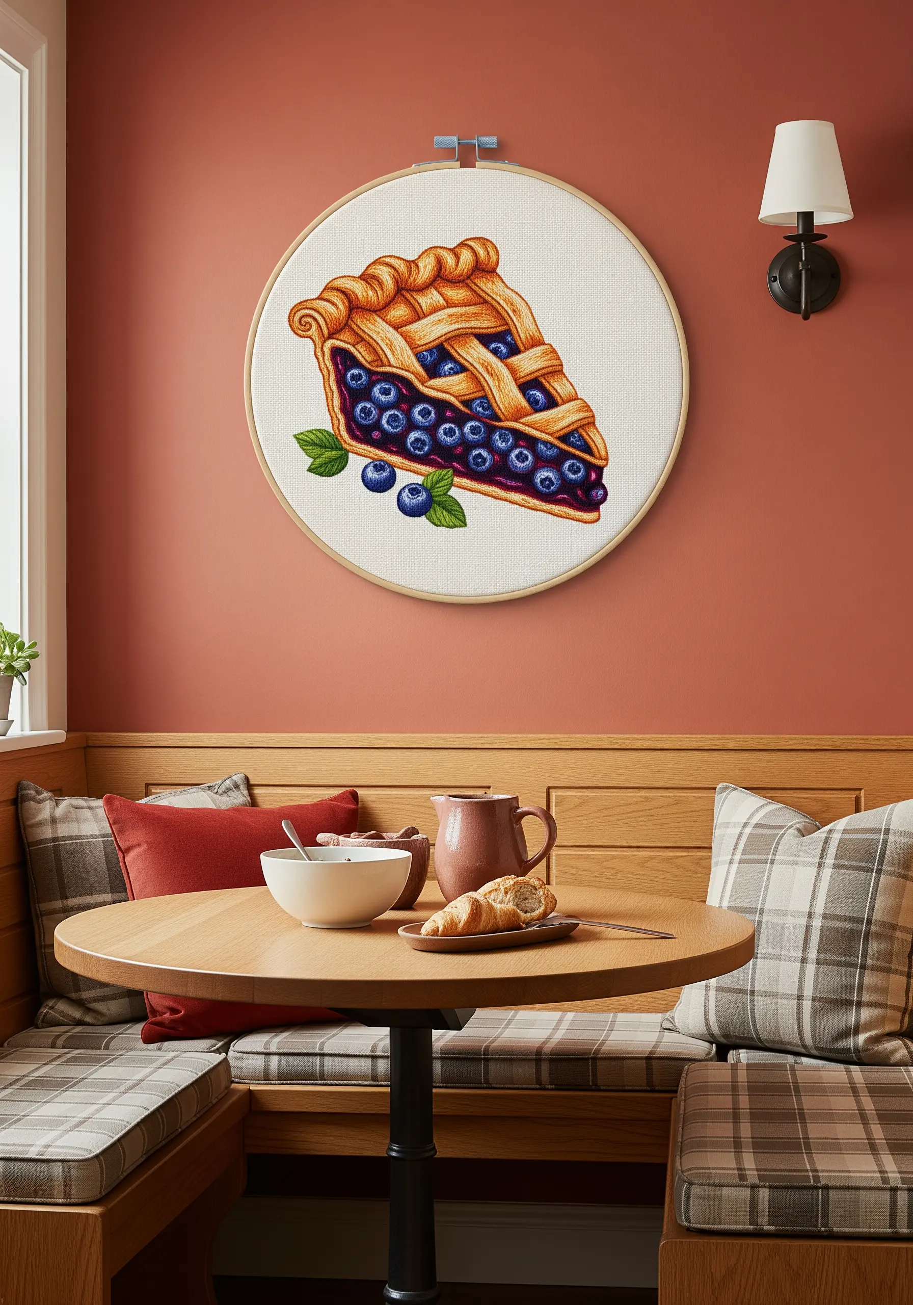A realistic embroidery of a slice of blueberry pie in a wooden hoop.