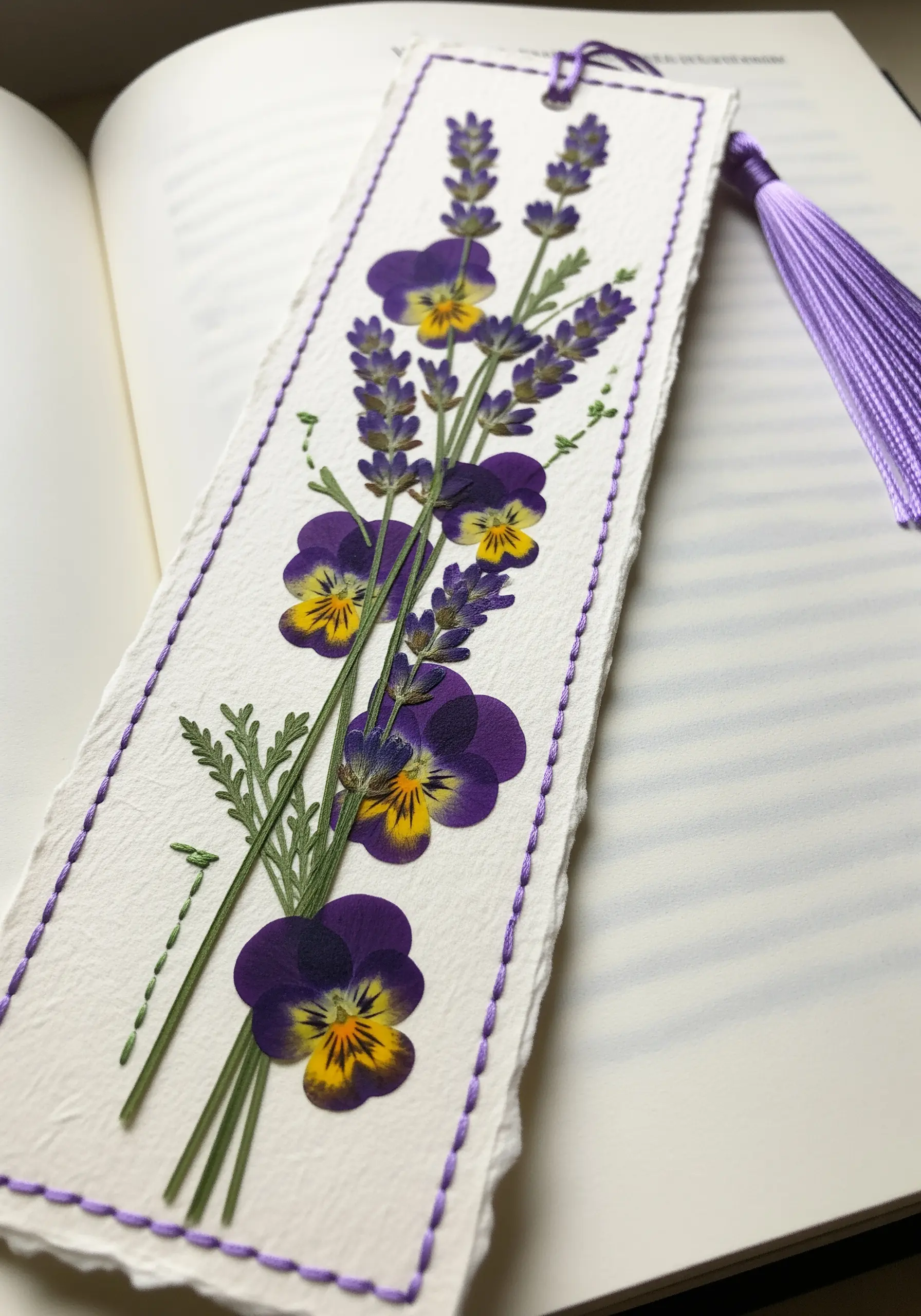 A pressed flower bookmark with lavender and pansies, framed with a simple purple running stitch on paper.