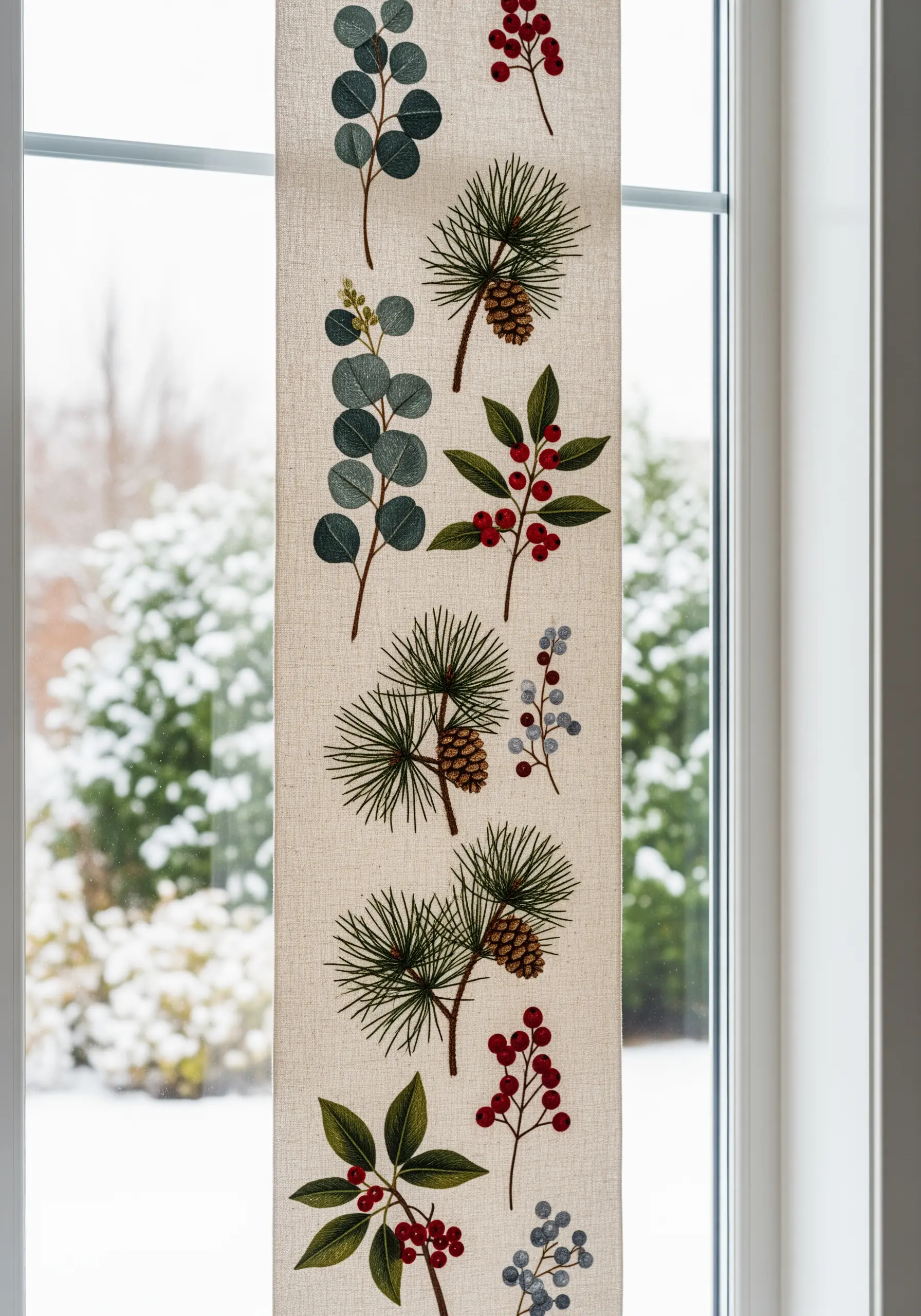 A narrow linen wall hanging with embroidered pine branches, eucalyptus, and winter berries.