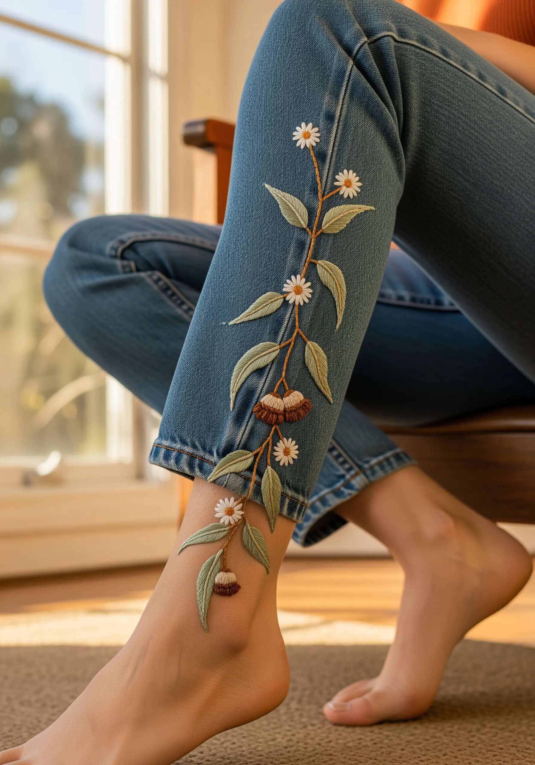 A delicate vine with leaves and small white flowers stitched up the leg of a pair of jeans.