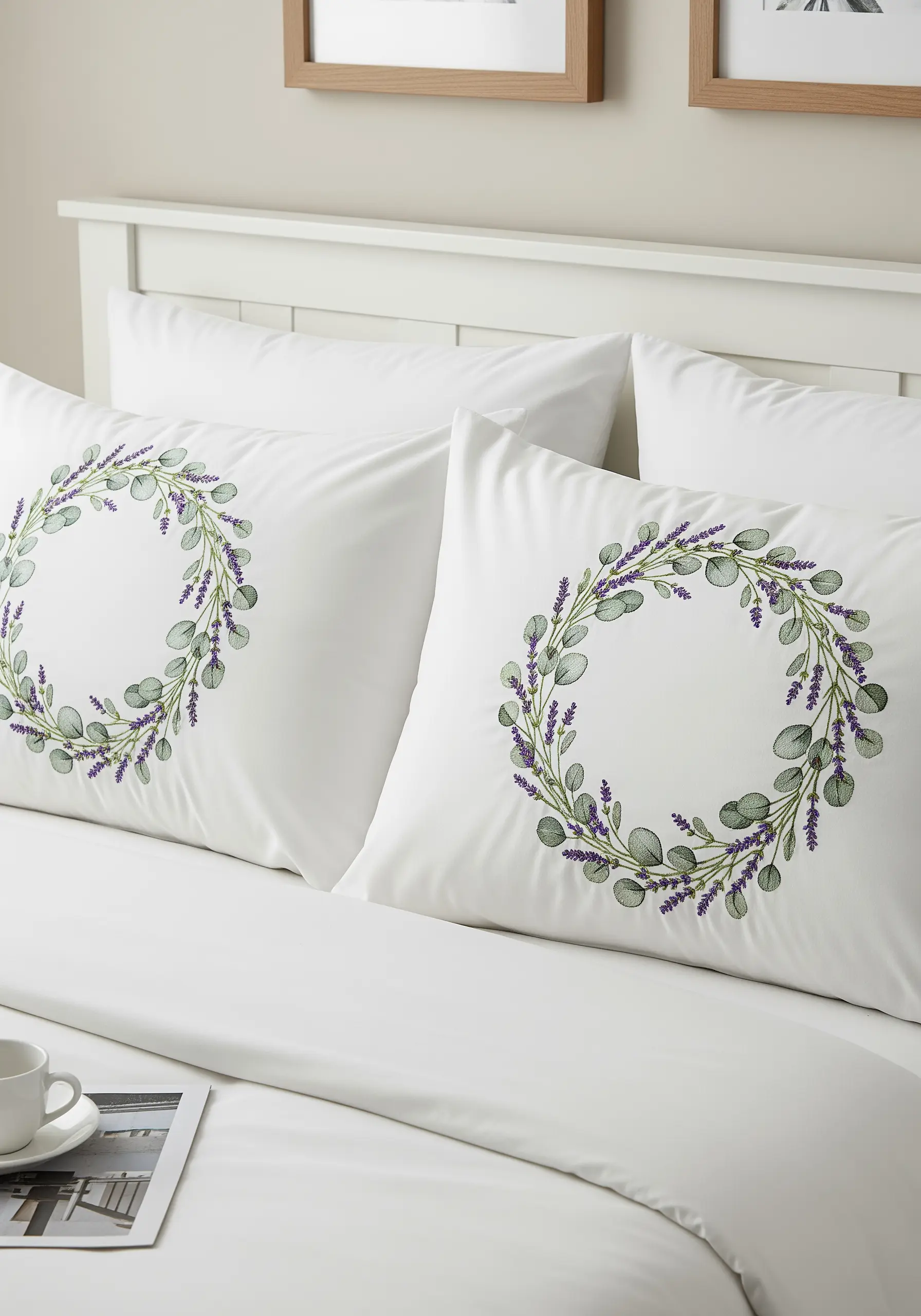 White pillowcases with an embroidered wreath of green eucalyptus and purple lavender.