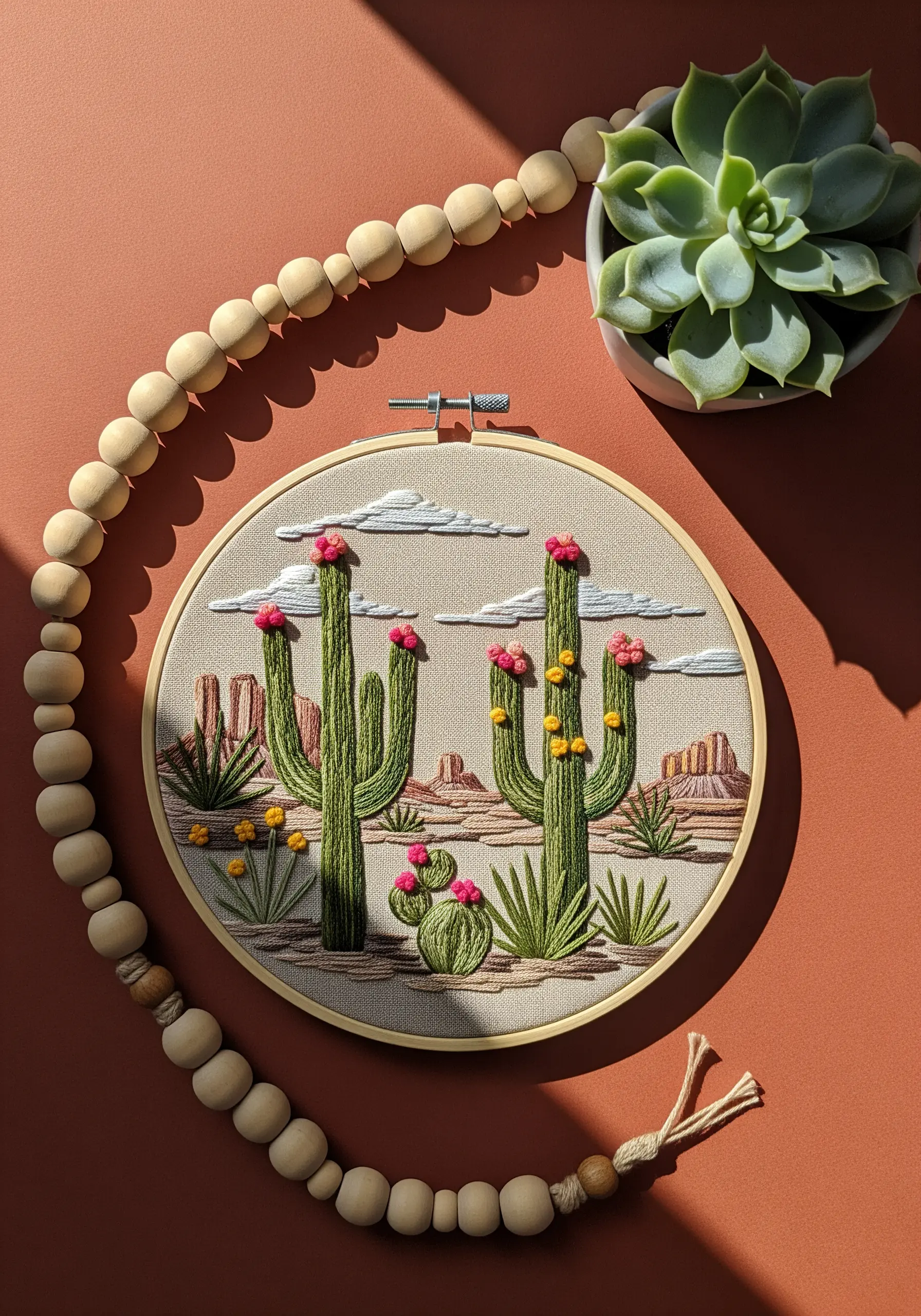 Embroidery hoop art of a desert landscape with saguaro cacti and distant mesas.