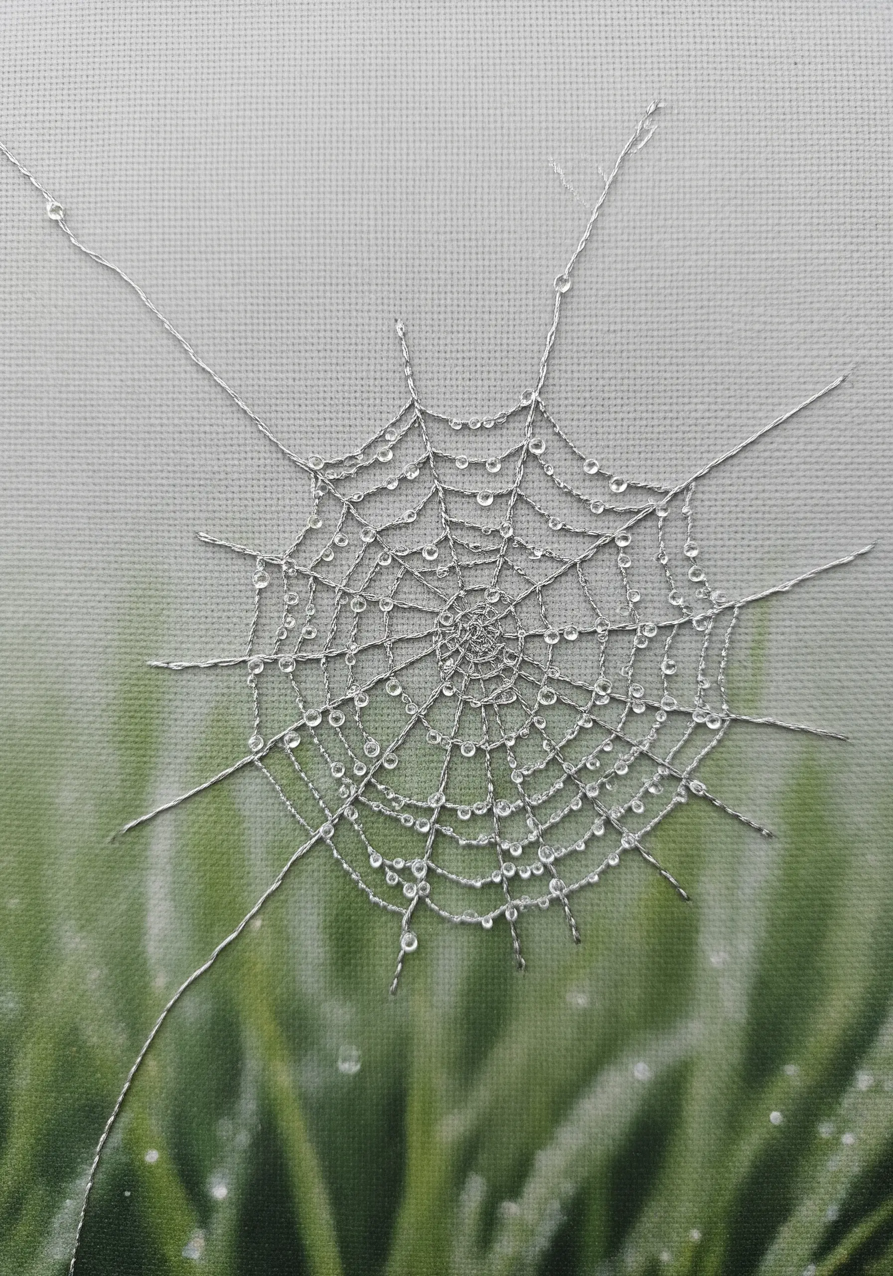 Delicate embroidery of a spider web with tiny beads representing dewdrops.