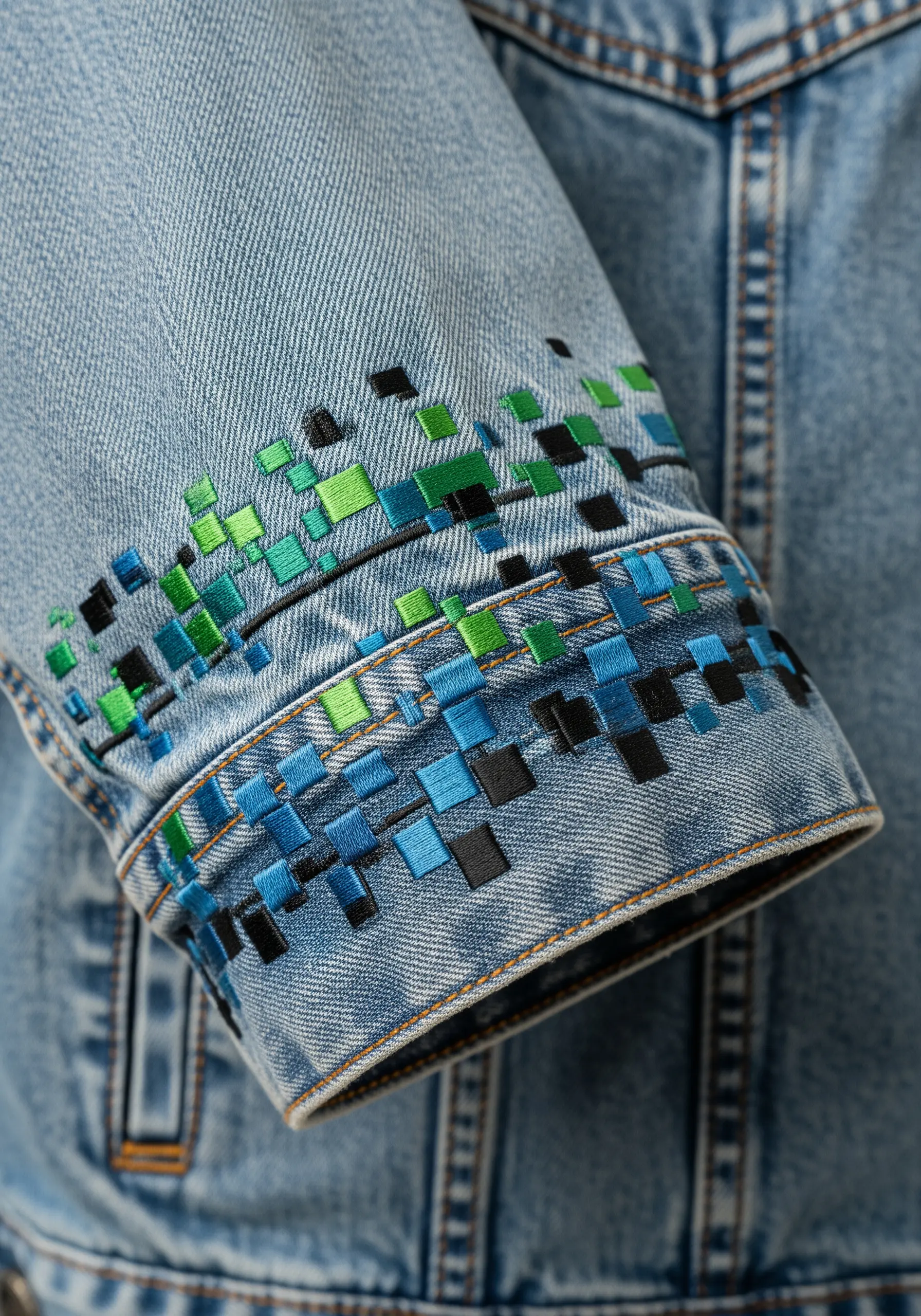 Denim jacket cuff decorated with pixel-like satin stitch squares in a green-to-blue gradient.