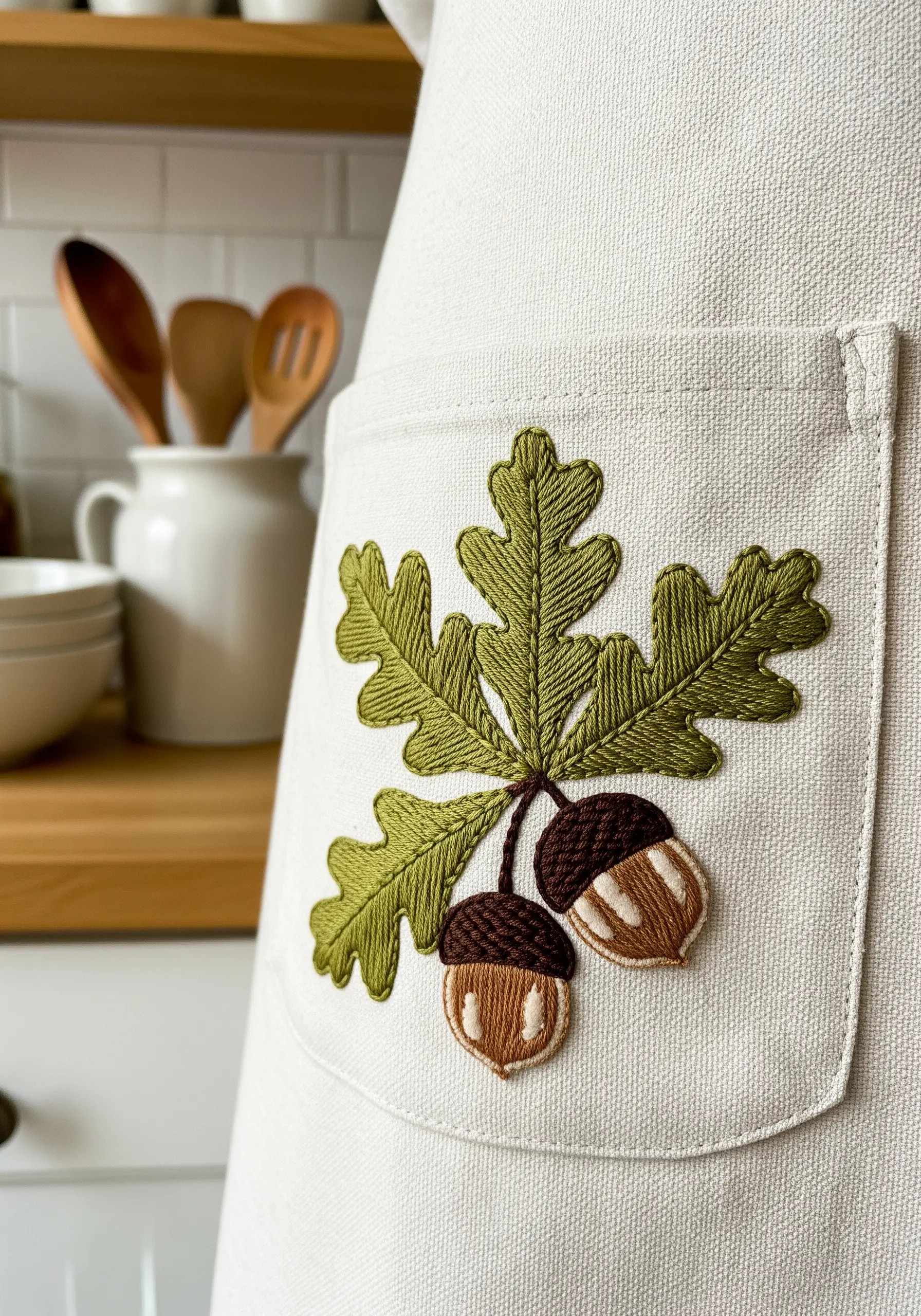 Embroidery of an oak leaf with two three-dimensional acorns on an apron pocket.