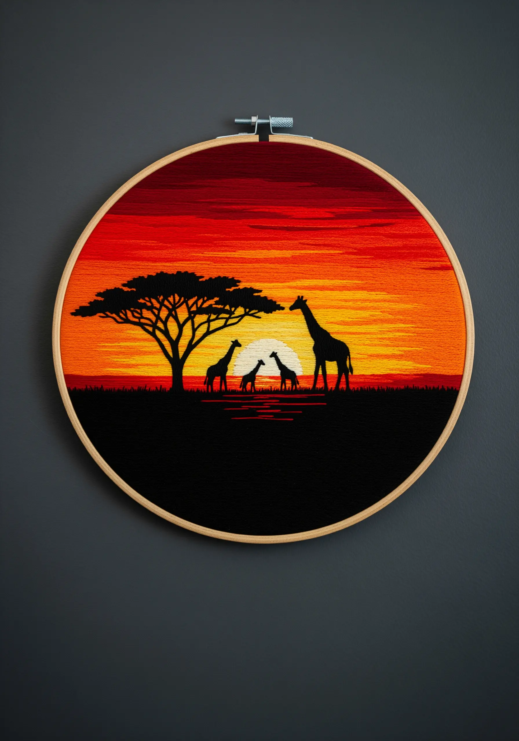 Embroidery of giraffes silhouetted against a vibrant red and orange African sunset.
