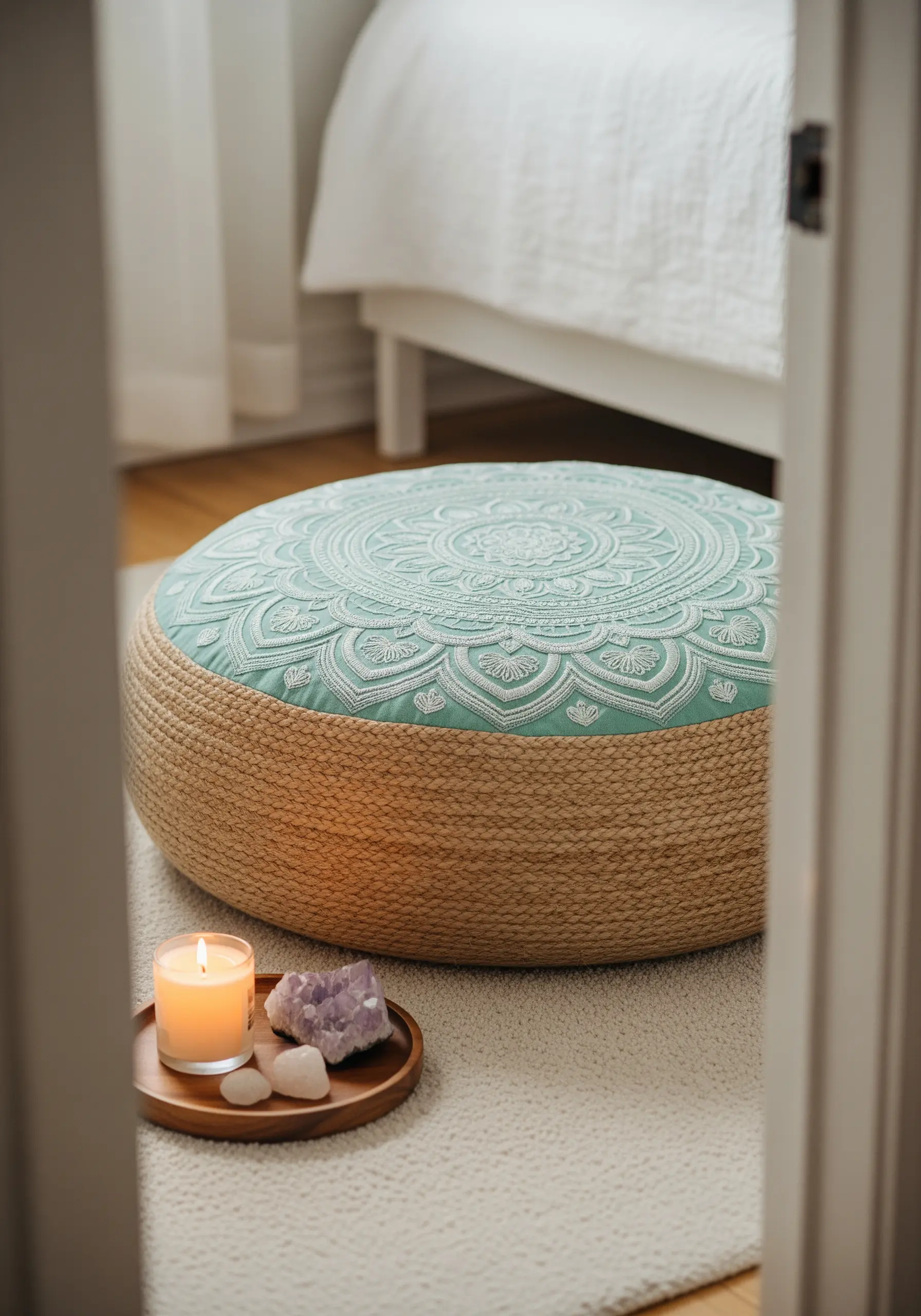 White mandala embroidered on the top of a mint green meditation cushion.
