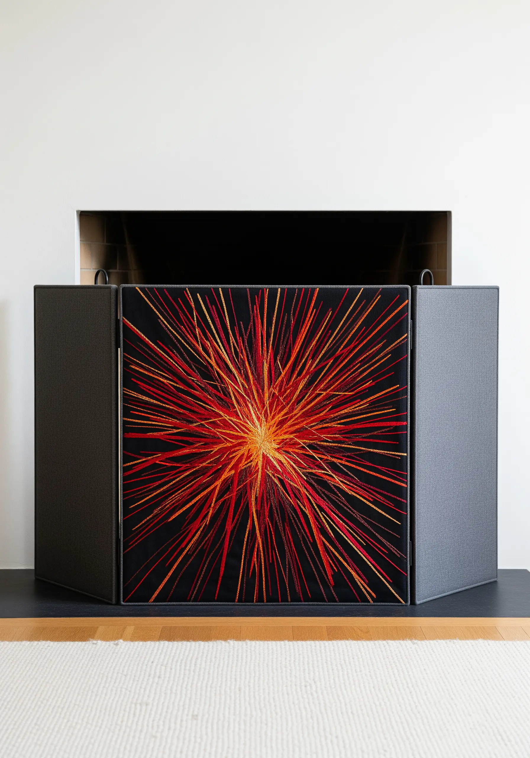 Fireplace screen with a dramatic, abstract embroidered firework burst in red, orange, and yellow.