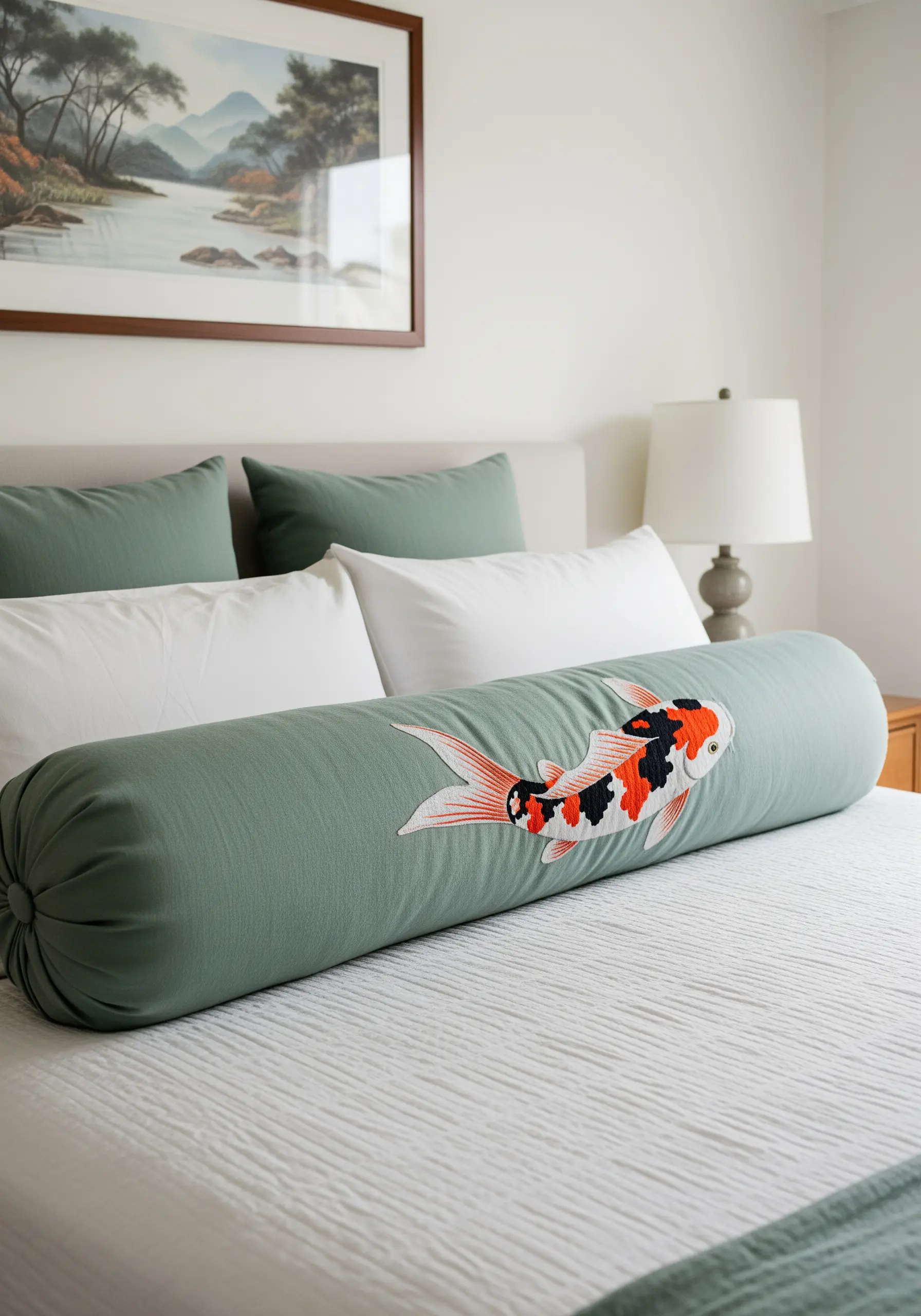 A sage green bolster pillow with a beautifully embroidered koi fish motif.