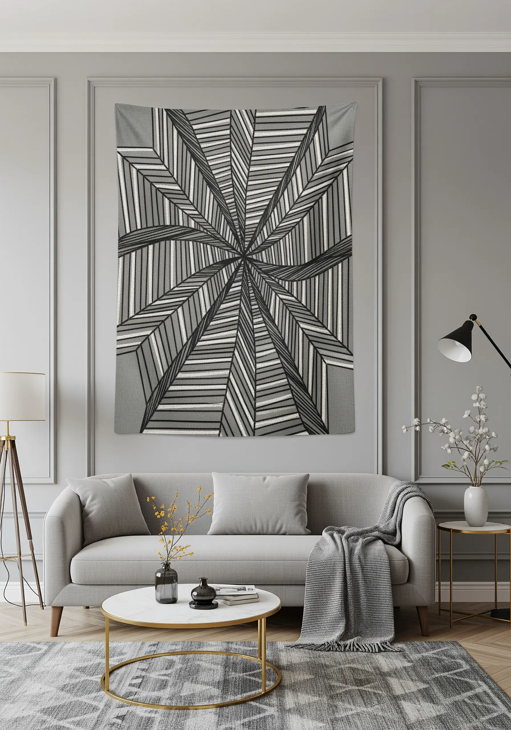 A monochrome tapestry with geometric lines radiating from the center, creating an optical illusion.