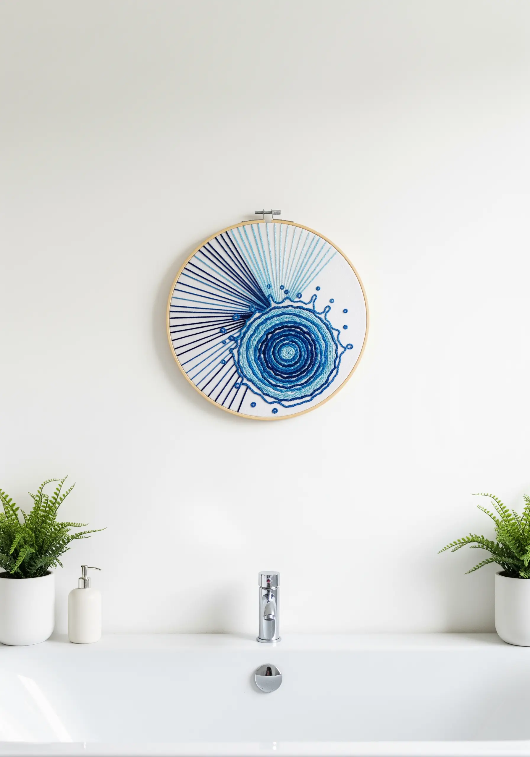 Abstract embroidery of a water splash, with radiating blue lines and concentric circles.