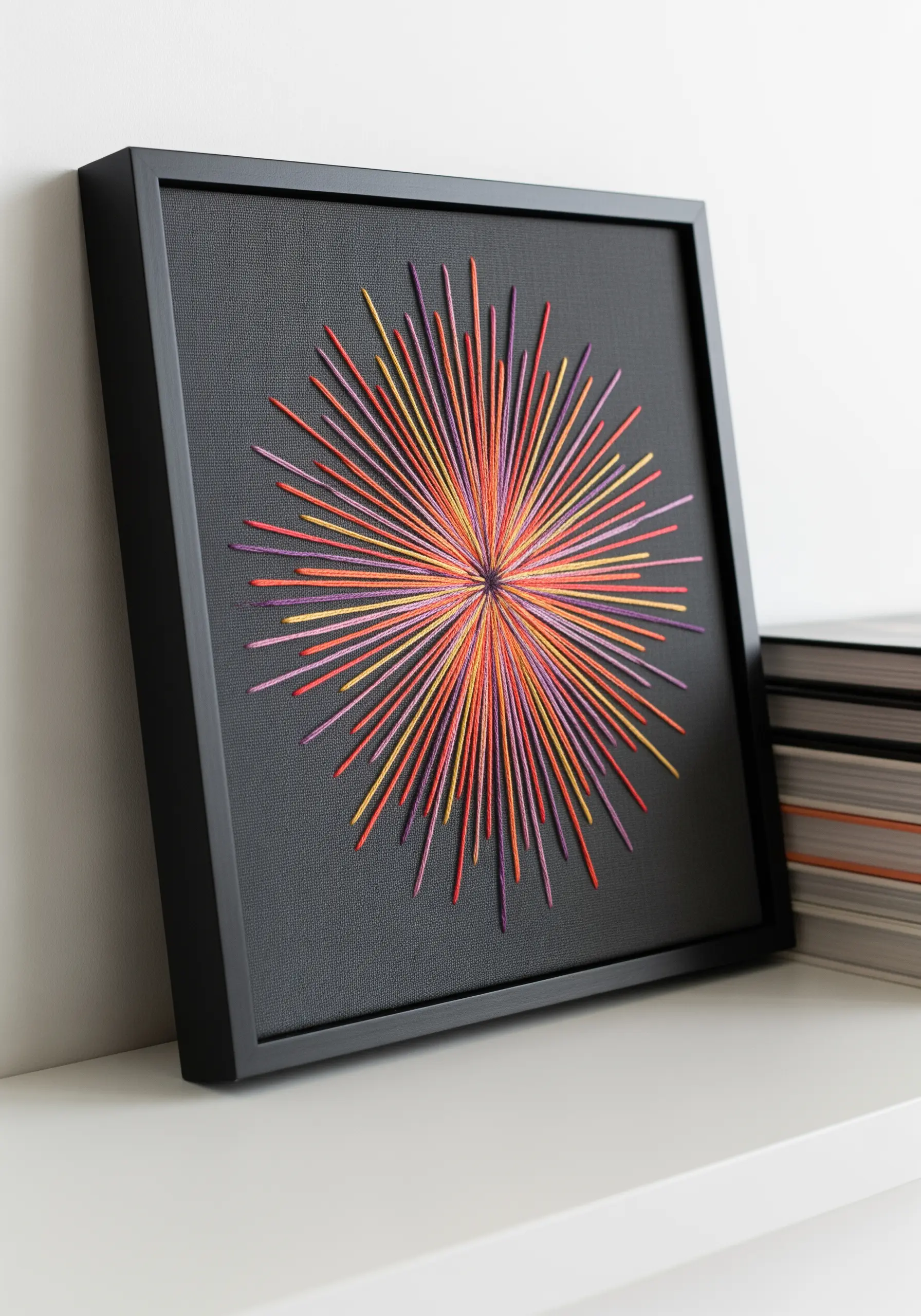 A vibrant sunburst motif made of straight stitches in purple, orange, and yellow on black fabric.