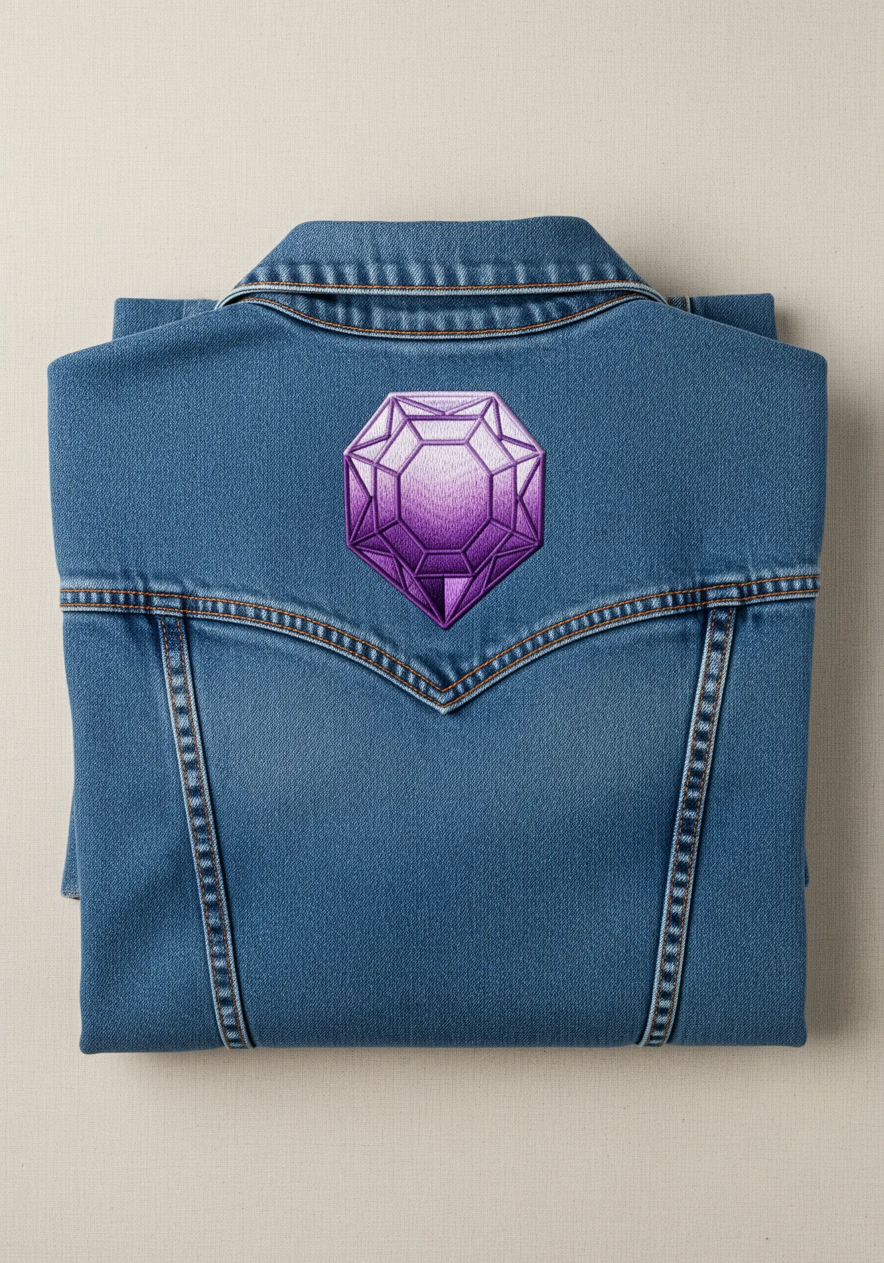 A purple, faceted gemstone embroidered on the back of a folded denim jacket.