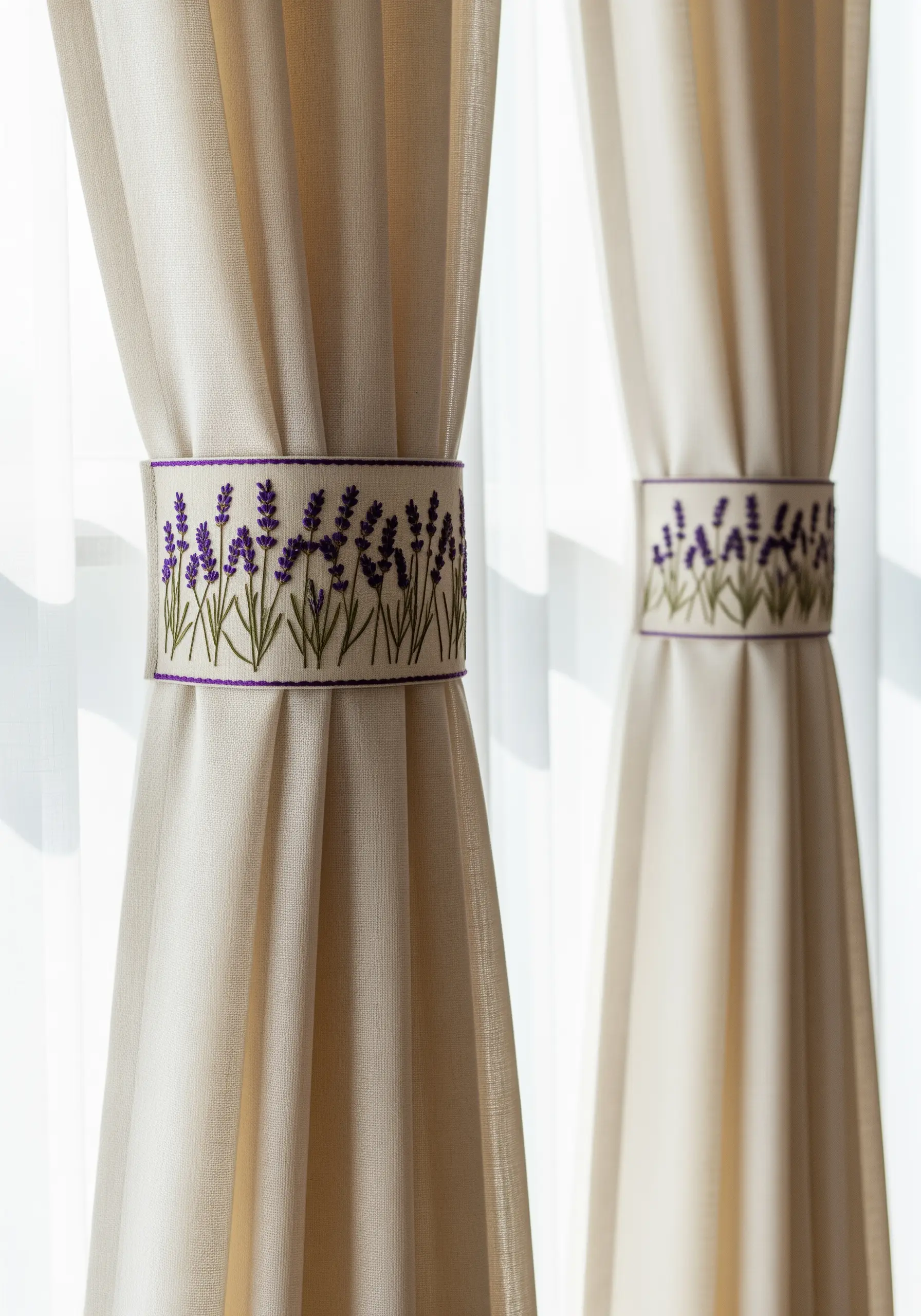 Linen curtain tie-backs with hand-embroidered lavender flowers.